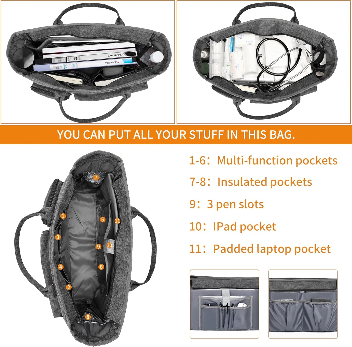 15.6 Rabjen Nurse Tote Bag for Work with Padded Laptop Sleeve, Medical Supplies Shoulder Bag for Home Health Care