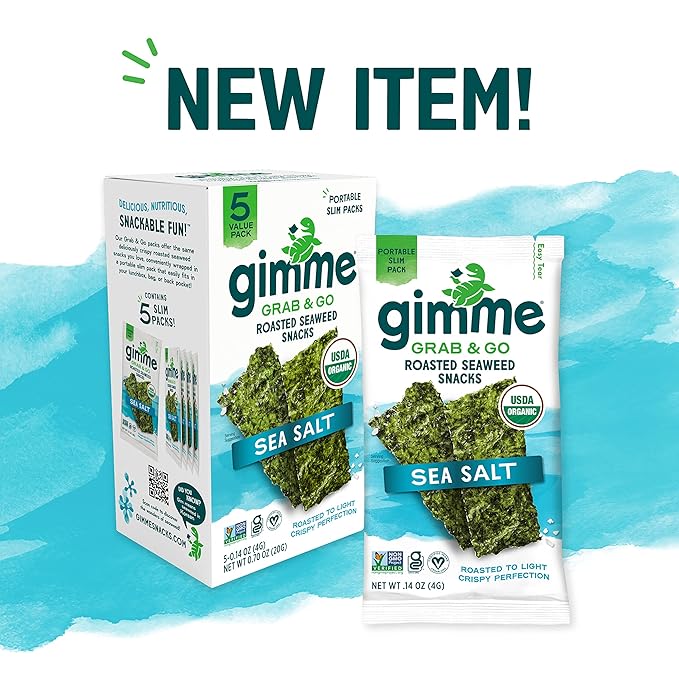 Gimme Seaweed Grab & Go - Sea Salt - 5 Count - Organic Roasted Seaweed Sheets - Keto Vegan Gluten Free - Great Source of Iodine & Omega 3’s - Healthy On-The-Go Snack for Kids Adults (Pack of 4)
