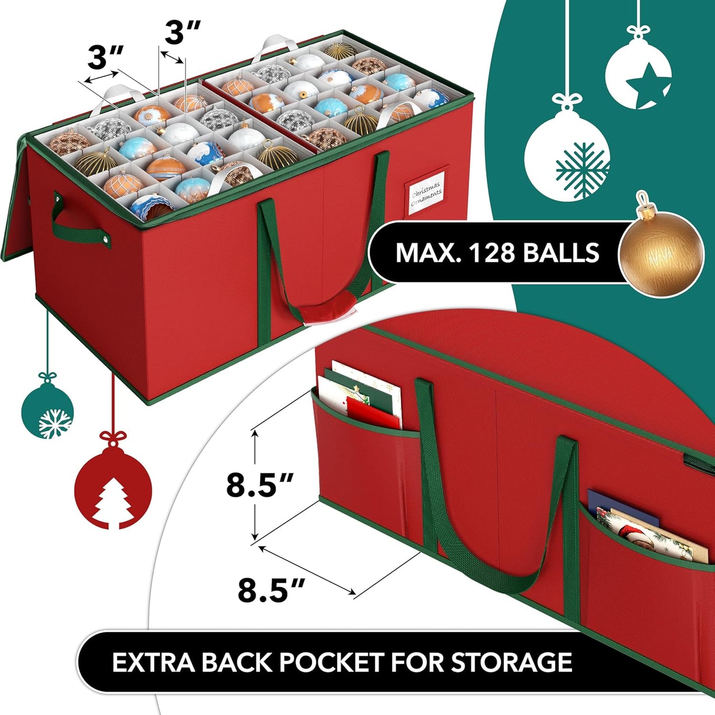 Simple Houseware Heavy-Duty Christmas Ornament Storage Box - Adjustable Dividers, Holds 128 Ornaments, Red