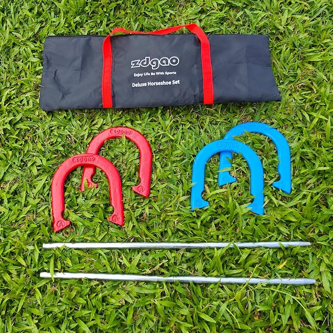 Horseshoes Outside Game Set-Portable Outdoor Horseshoe Set Includes 4 Professional Solid Steel Horseshoes with Solid Steel Stakes & Carrying Bag, Perfect for Backyard and Beach