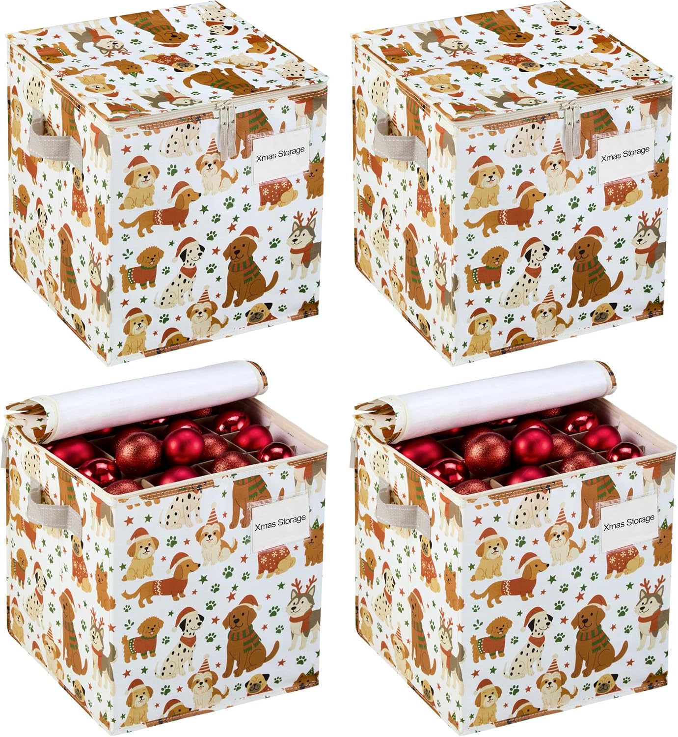 VENO Christmas Ornament Storage Box - 4 Pack with Adjustable Dividers & Zippered Top | Holds 64 Ornaments, 3-Inch Cube Compartments (Holiday Pups)