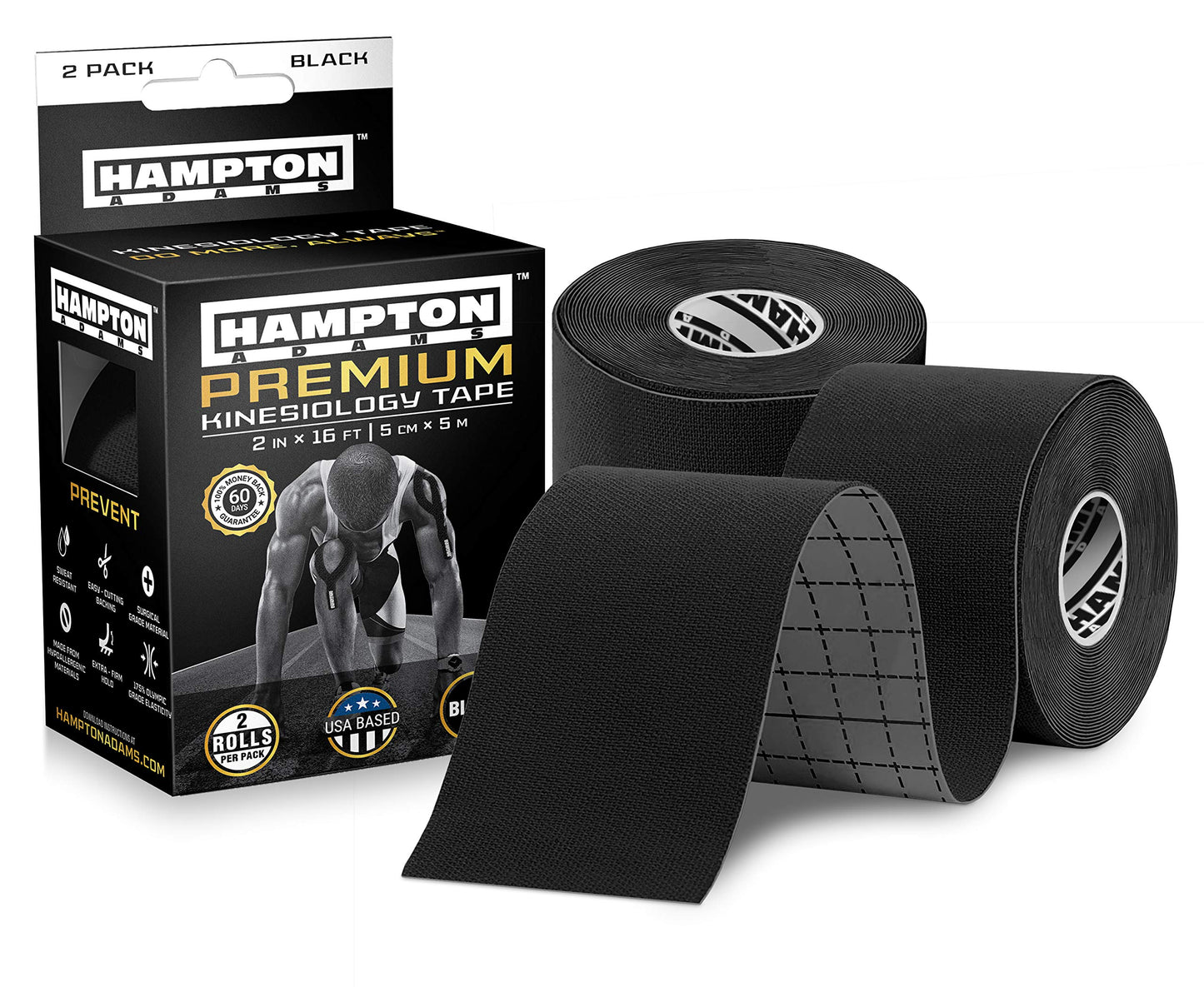 Hampton Adams | As Seen on Shark Tank | Elastic Kinesiology Tape (2-Pack) | Uncut Athletic Tape Supports & Protects Muscles Knees Shoulders & Plantar Fasciitis | Waterproof Hypoallergenic (Black)