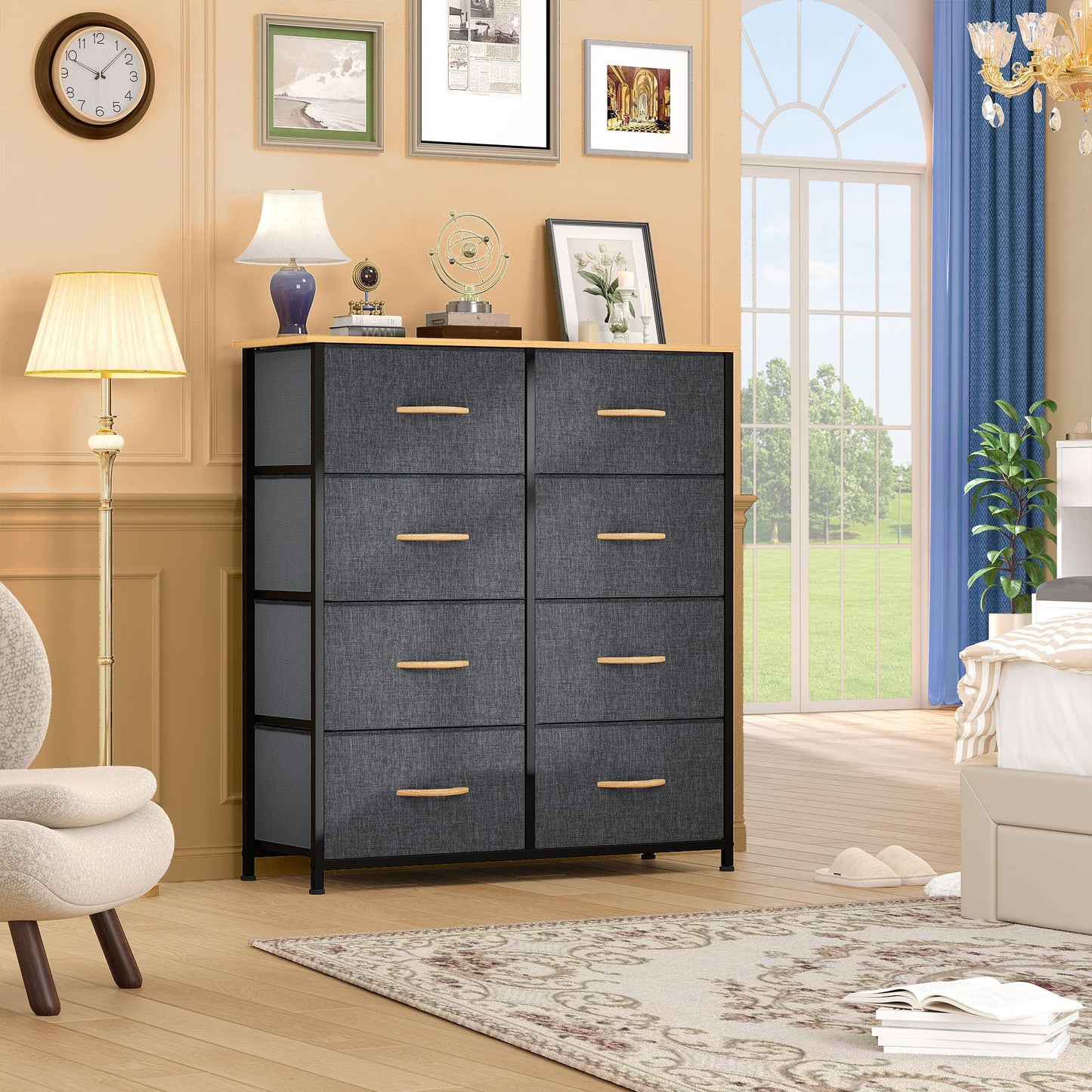 DWVO 9 Drawers Dresser for Bedroom, Fabric Storage Tower for Living Room, Entryway - Sturdy Steel Frame, Wooden Top & Easy Pull Fabric Bins