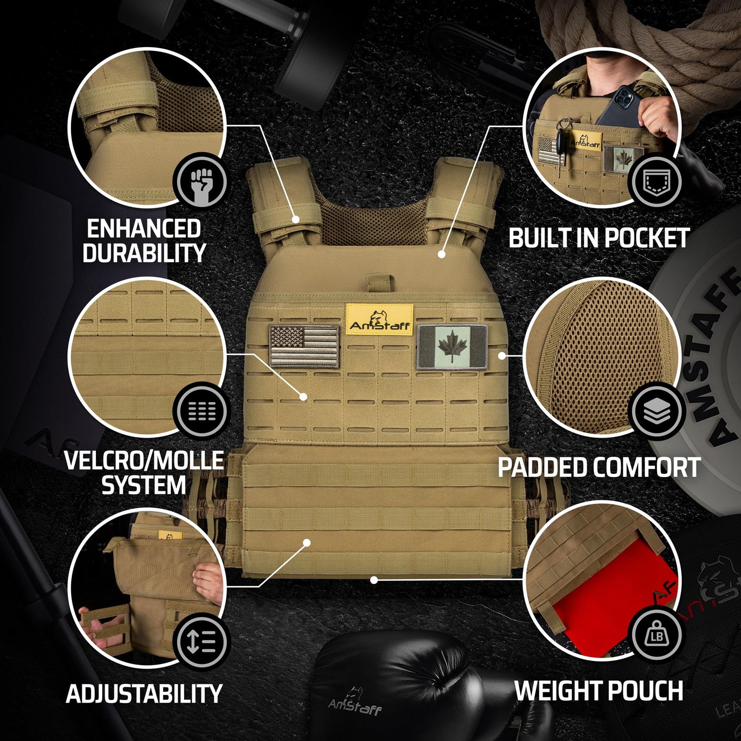 AmStaff Fitness Tactical Weighted Vest - Adjustable Weight Vests for Men & Women - Versatile Wearable Weighted Vest for Fitness Workouts, Strength and Endurance Training, Running, WO - (30lb)