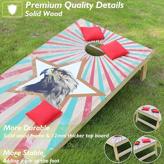 LED Cornhole Board Set 4FTx2FT Solid Wood Regulation Size Cornhole Set with LED Lights Includes 8 Cornhole Bags for Adults (Eagle, 4'x2')