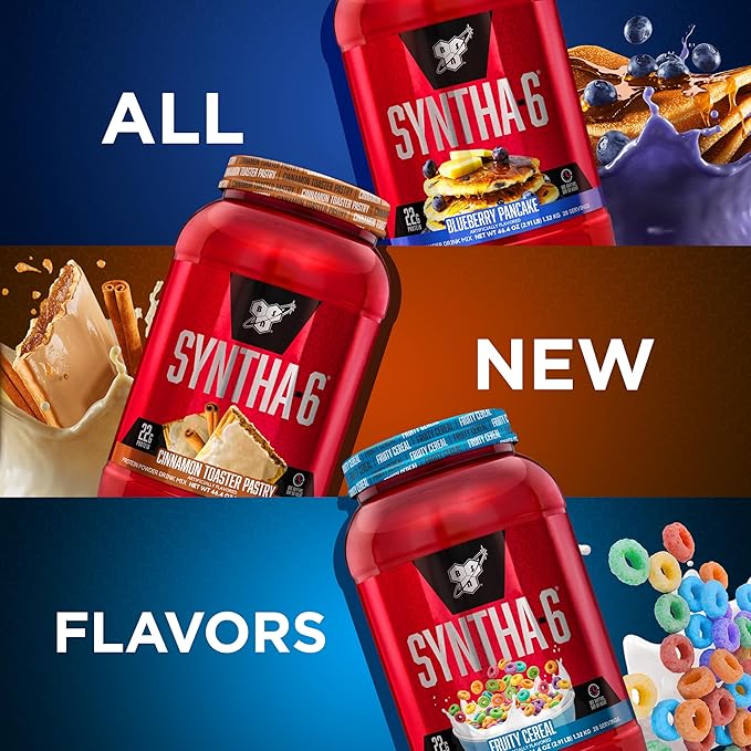 BSN SYNTHA-6 Premium Protein Powder with 6g of Fiber, Whey Protein, Micellar Casein, Milk Protein Isolate Blend, 5g Fat, Blueberry Pancake, 28 Servings (Packaging May Vary)