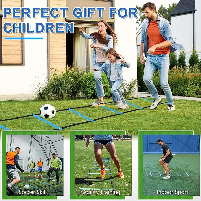 Fixed Rung Agility Ladder - 20ft 12 Rungs No Tangle Speed and Agility Training Equipment for Soccer Footwork Training with Carrying Bag/Ground Stakes for Adults Youth Kids