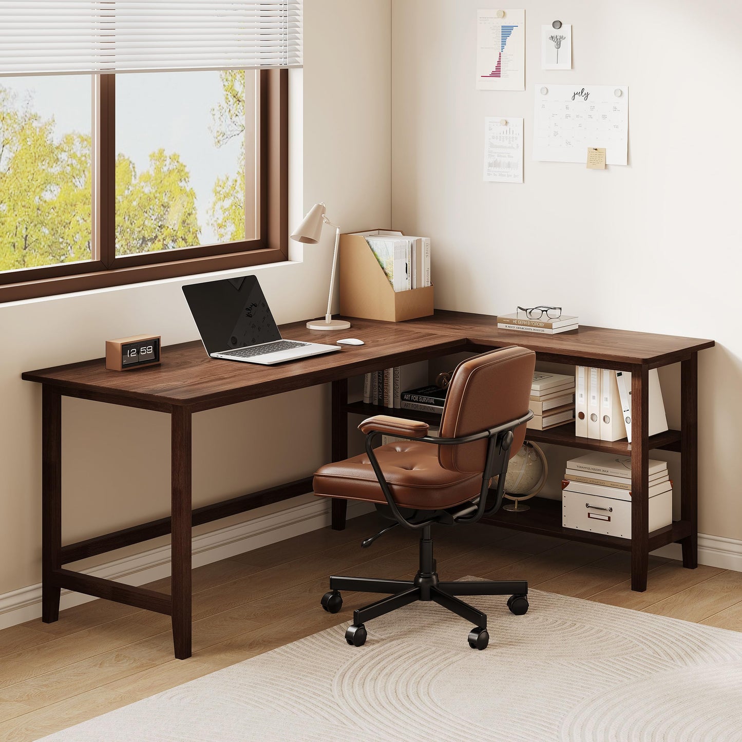 IOTXY Reversible L-Shaped Office Desk - 63" Extra Large Corner Computer Table with Storage Shelves, Solid Wood Legs, Home Writing & Study Workstation, Walnut