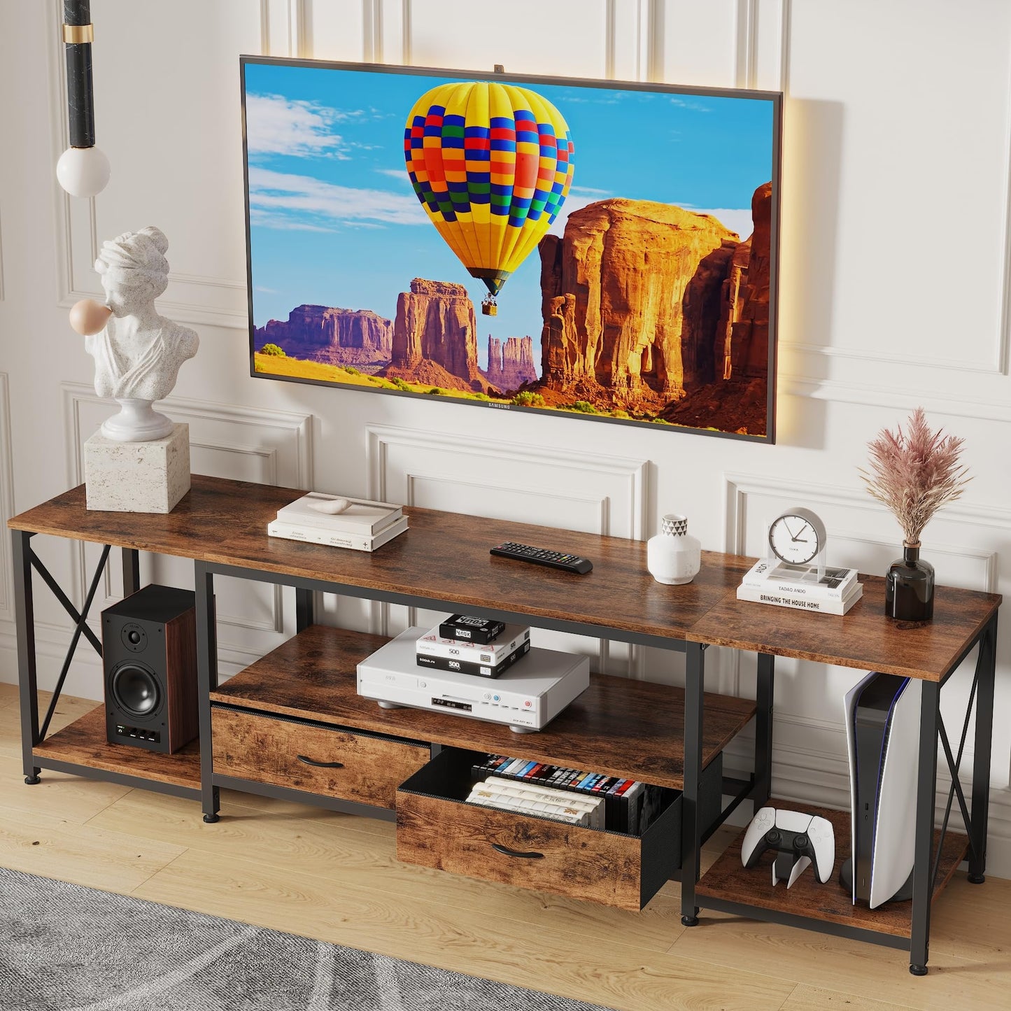 GYIIYUO TV Stand with Fabric Drawers - Entertainment Center and Industrial Console Table with Open Storage Shelves for Living Room, Bedroom - 71.5" Rustic Brown