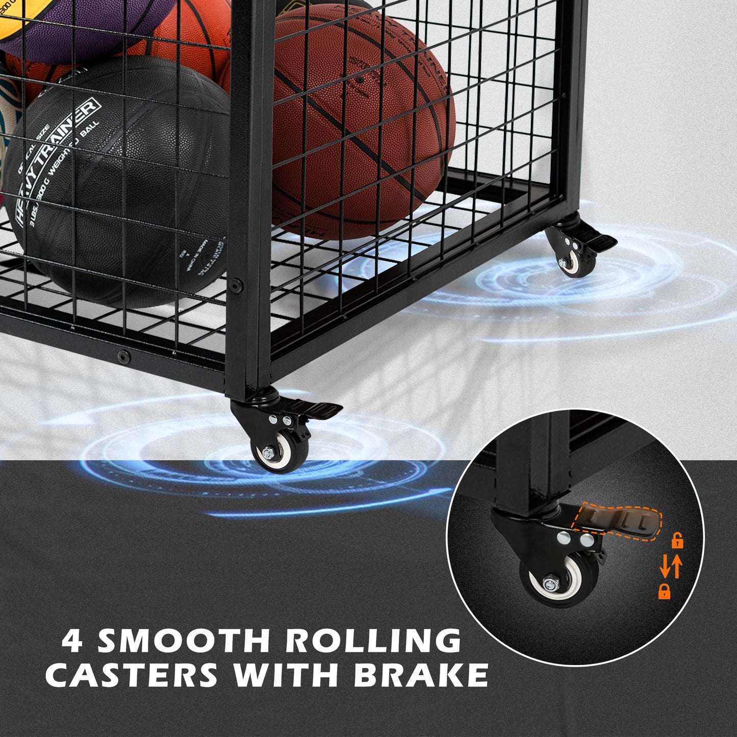 Ball Cart Garage Sports Equipment Organizer with Lockable Lid, Basketball Storage Bin for Indoor Outdoor, Rolling Exercise Ball Cart Holder for Gym, School, Club