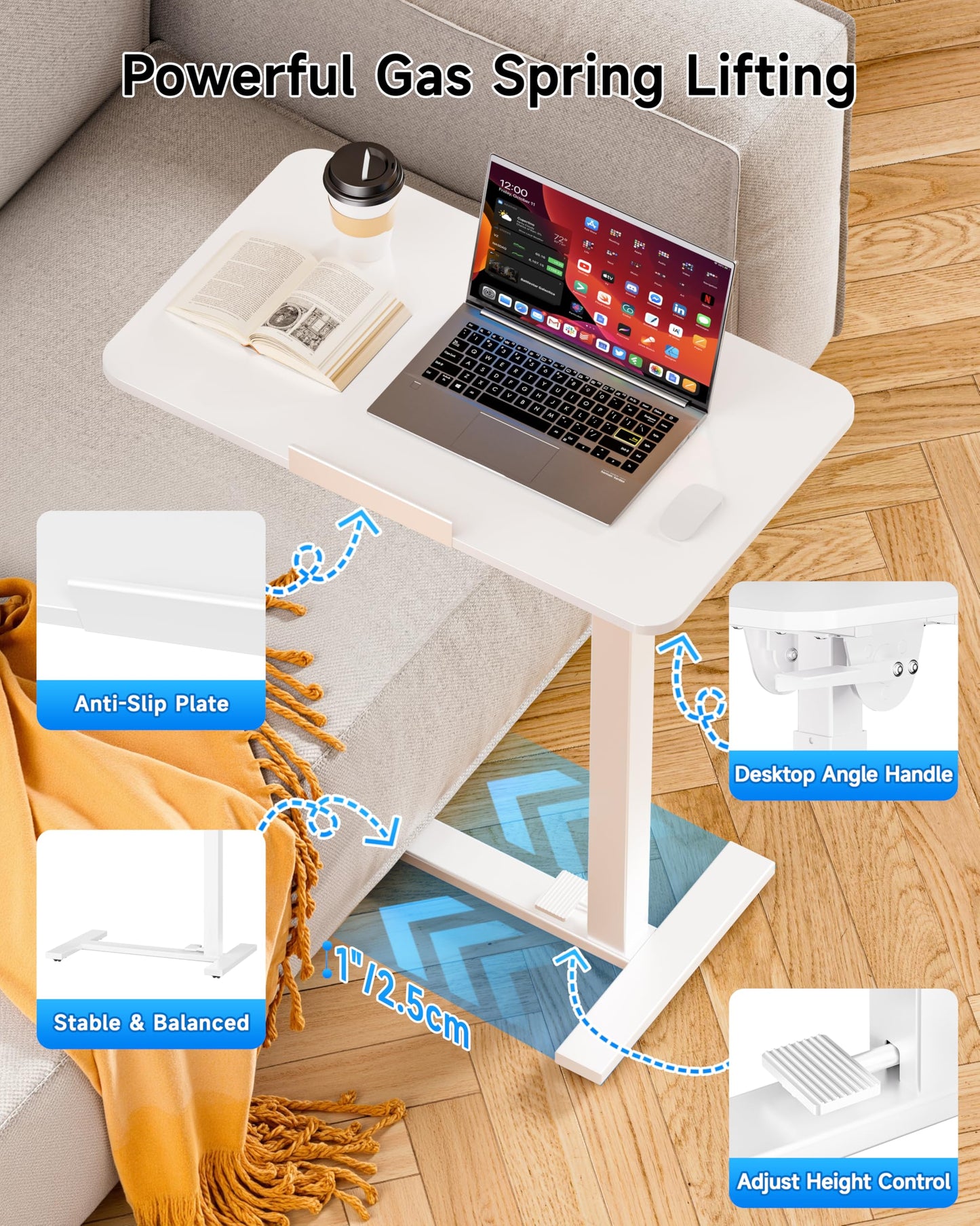 BIZUM Mobile Standing Desk Laptop Desk Pneumatic with Wheels 180° Tilt Top Hospital Bed Table Portable Rolling Cart Foldable Bedside Table for Hospital&Home Use, White