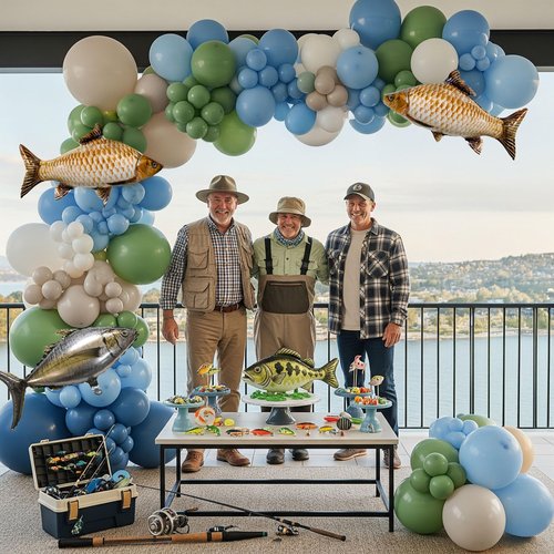 Gone Fishing Balloon Garland Arch Kit - Blue Green White FishermanTheme Birthday Balloons with Giant Fish Foil Balloons - O-Fish-ally One, Under the Sea Baby Shower, Retirement Party Decorations