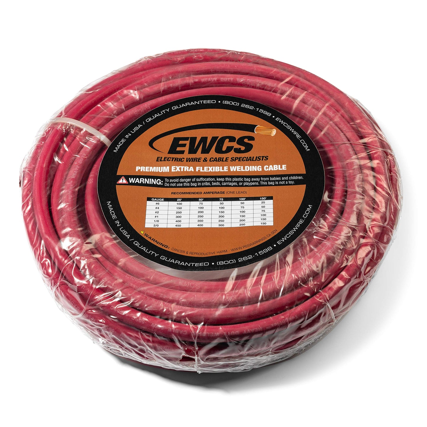 EWCS 1/0 Gauge Premium Extra Flexible Welding Cable 600 Volt - Red - 50 Feet - Made in the USA