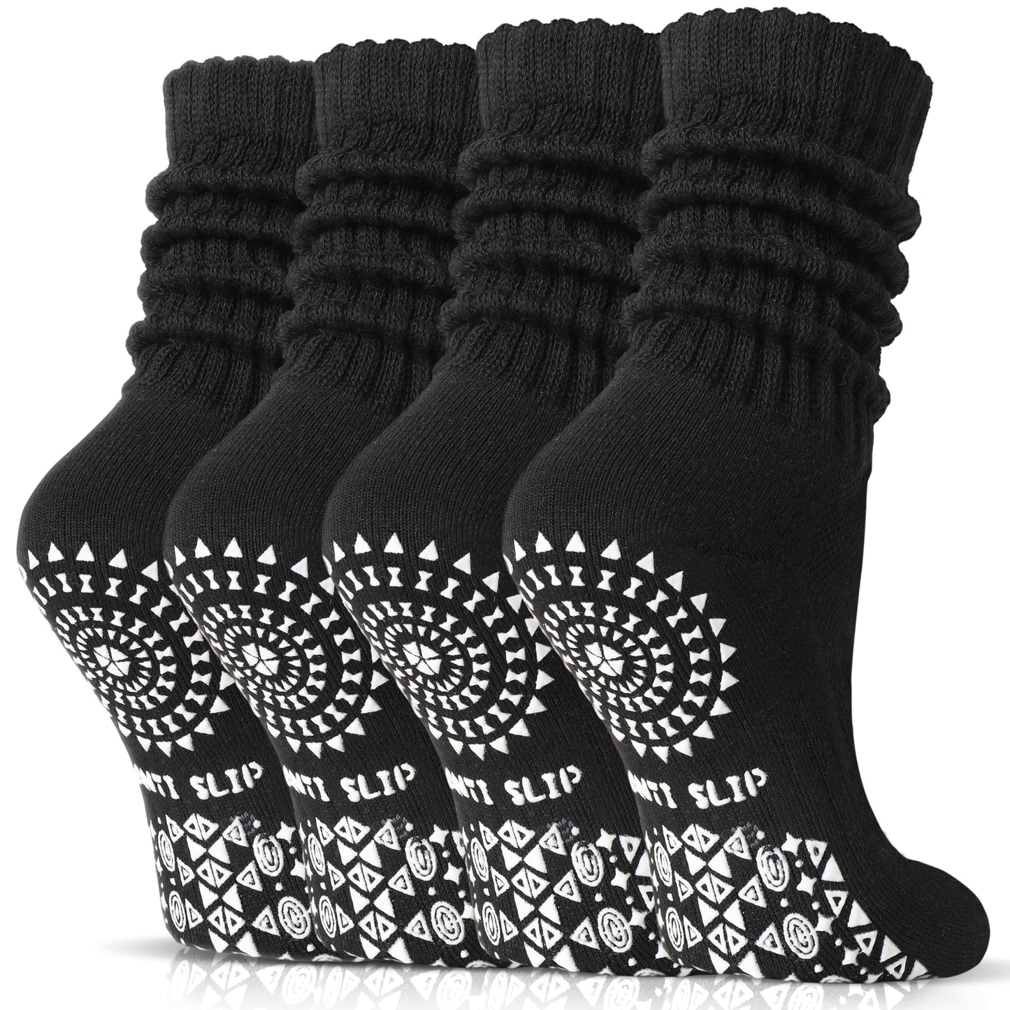 Sandsuced Pilates Grip Slouchy Yoga Socks Winter Warm Cozy Scrunch Boot Grippy Crew Slipper Socks 4 Pairs for Women Gift Stocking Stuffers(Black,M)