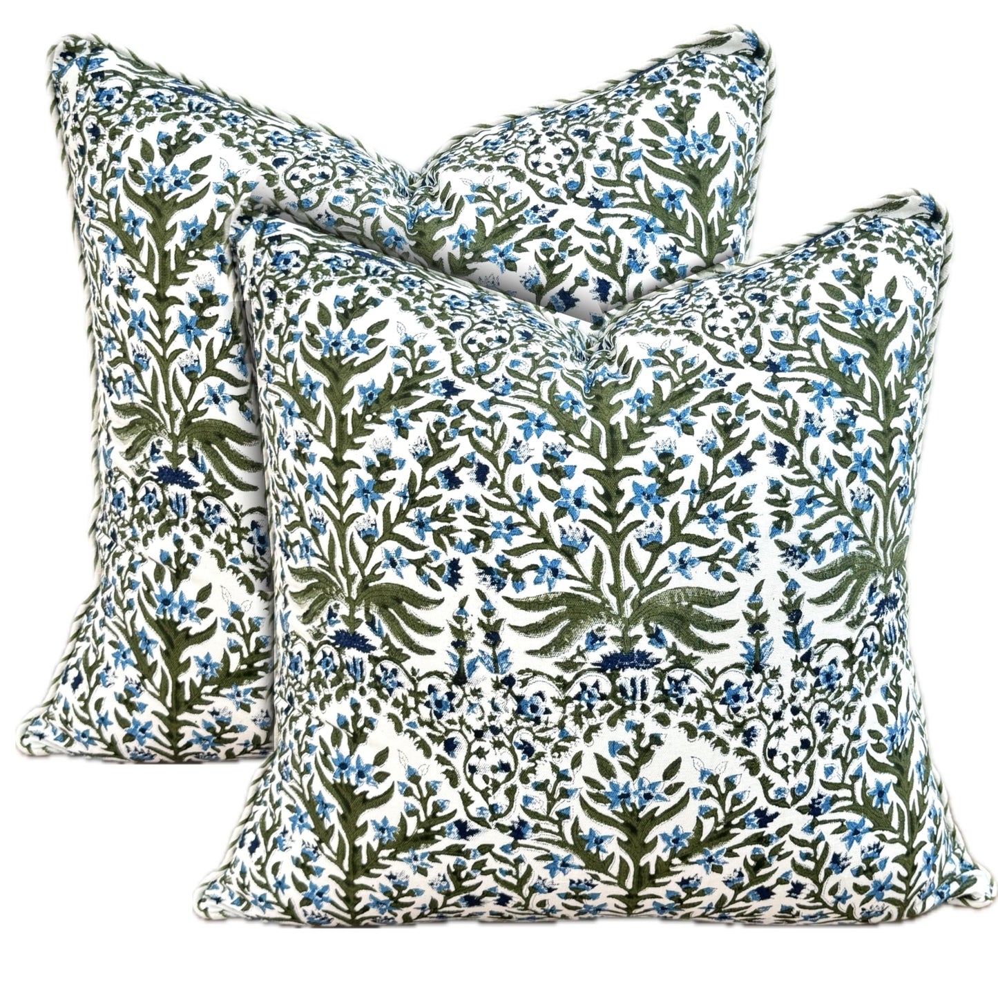 ATOSII Block Print Throw Pillow Cushion Covers, 24" X 24" - Set of 2, Decorative Couch Pillows for Living Room Bed Sofa, 100% Cotton Canvas Pillow Case for Home Decor & Outdoors - Nargis Blue