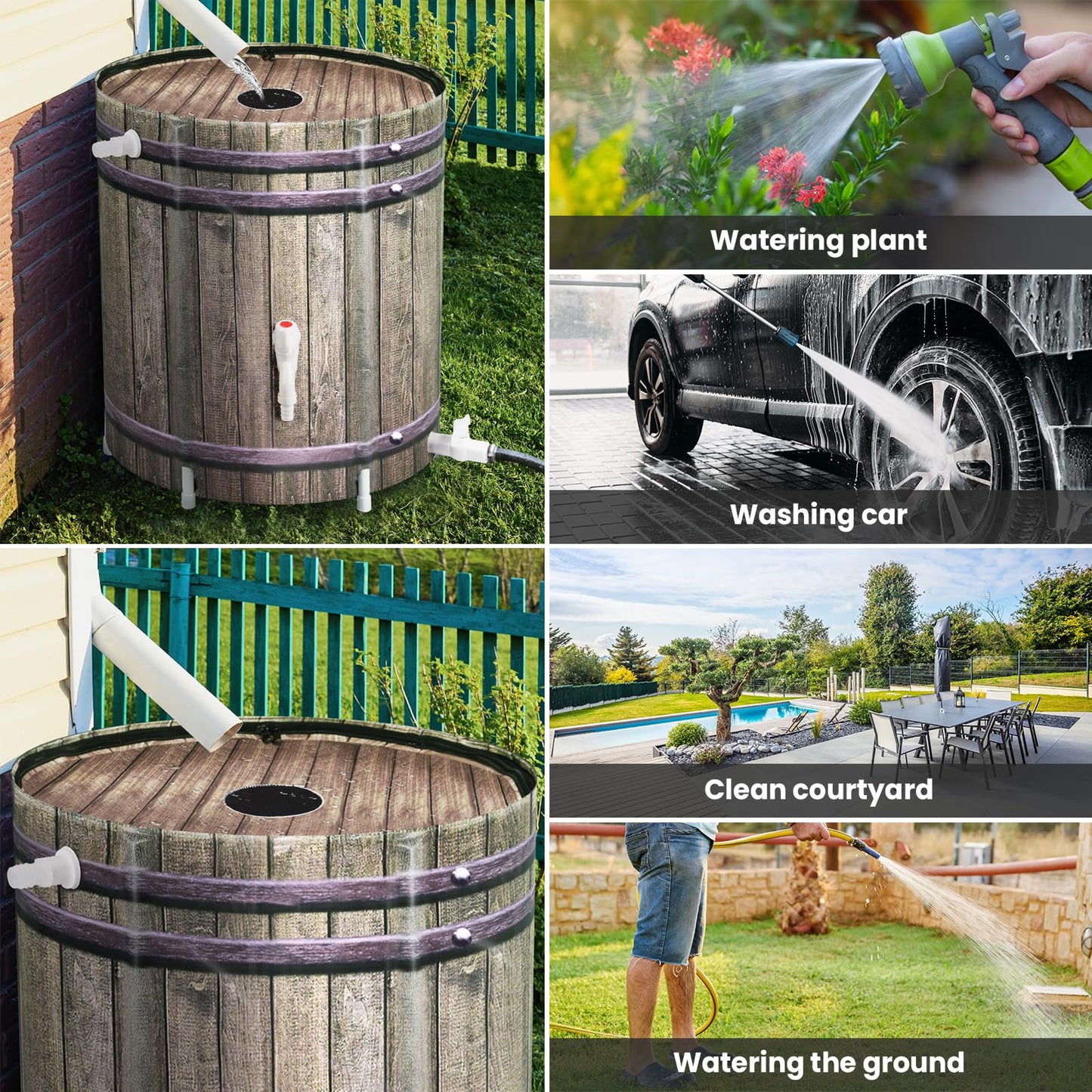 Rain Barrel,50 Gallon Collapsible Rainwater Collection with Spigots and Overflow Kit,Portable Plastic Rain Barrel with Filter, Anti-Collapse Rainwater Collection Container Woodgrain