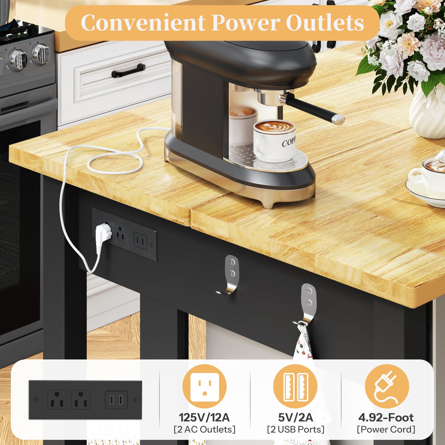 DynJest 60" Solid Rubberwood Kitchen Island with Fridge Storage Space and Power Outlets, 2 Drawers & Open Shelves Coffee Bar Cabinet for Kitchen, Farmhouse Counter Height Dining Table for 2-4, Black
