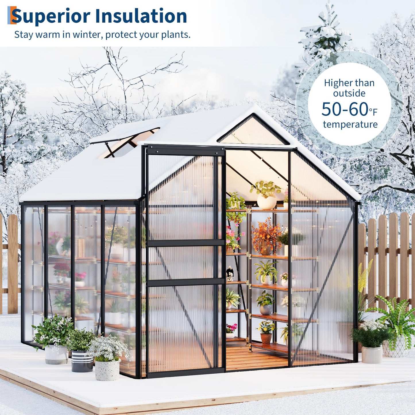 6x8FT Greenhouse for Outdoors, Walk-in Polycarbonate Greenhouse with Sliding Door, Adjustable Roof Vent & Gutter System, Portable Outdoor Green House Kit for Winter Gardening