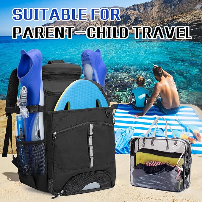 Swim Backpack for Swimmers, Swim Equipment Bag with Additional PVC Transparent Bag for Workout Gear, Swimming Backpack for Swimming, Pool, Beach and Gym, Black