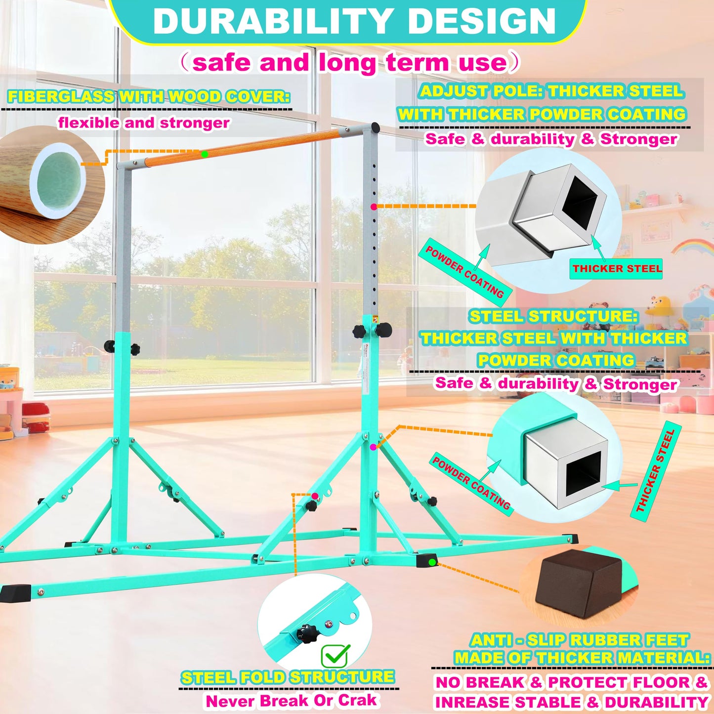 MARFULA Fold Gymnastic Bar for Kids and Teenage Ages 3-20, 350 lbs Weight Capacity, 5 Ft Gymnastic Kip Bar Horizontal Bar for Gymnast, Gymnastic Training Equipment for Home and Gymnastic Center Use