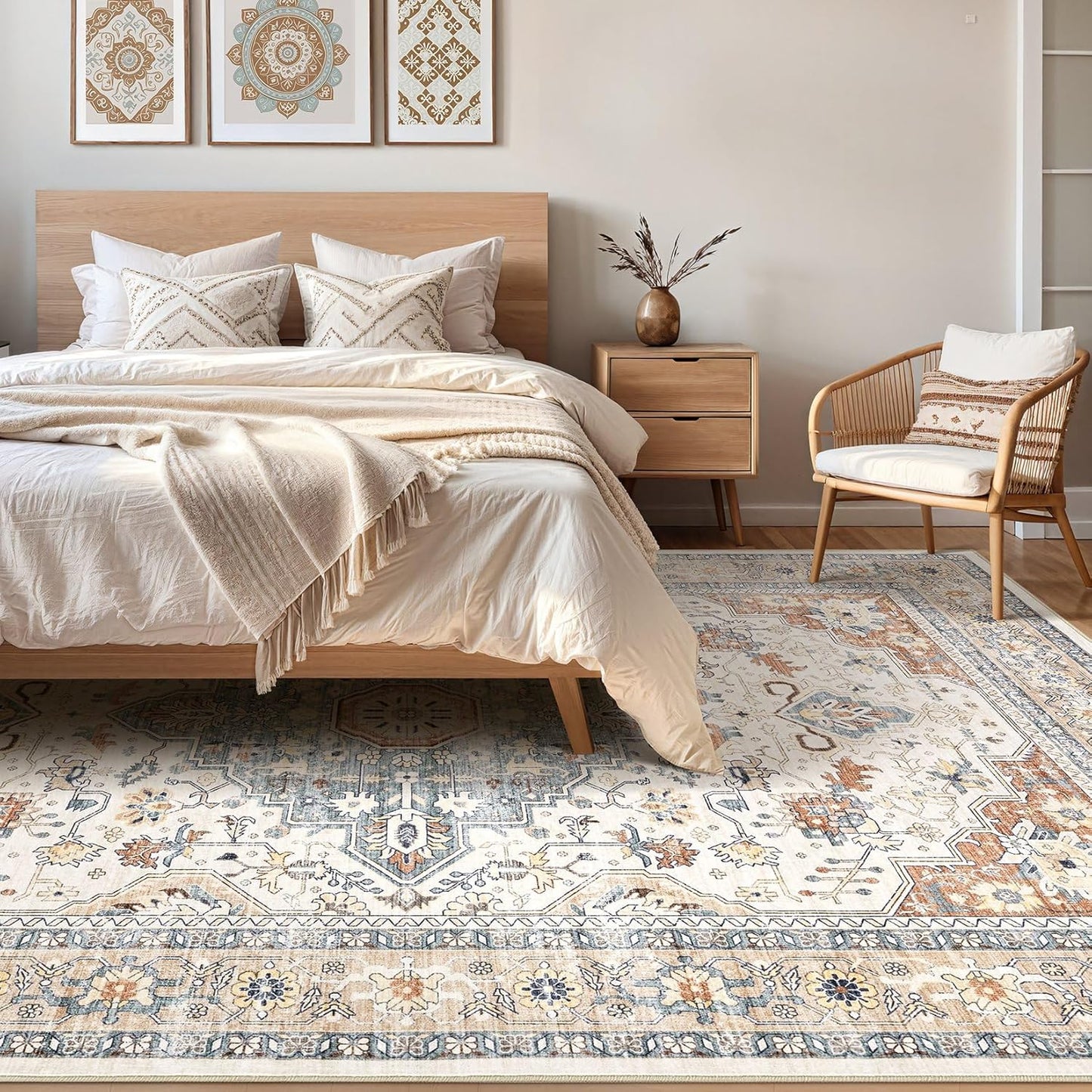 Skiennix 9x12 Area Rug - Washable Boho Vintage Soft Carpet | Stain Resistant, Non-Slip, Beige & Blue