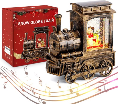IPOW Christmas Snow Globe Lantern - Musical & Lighted Train with Glitter | USB & Battery Operated, 6-Hour Timer, Snowman Scene