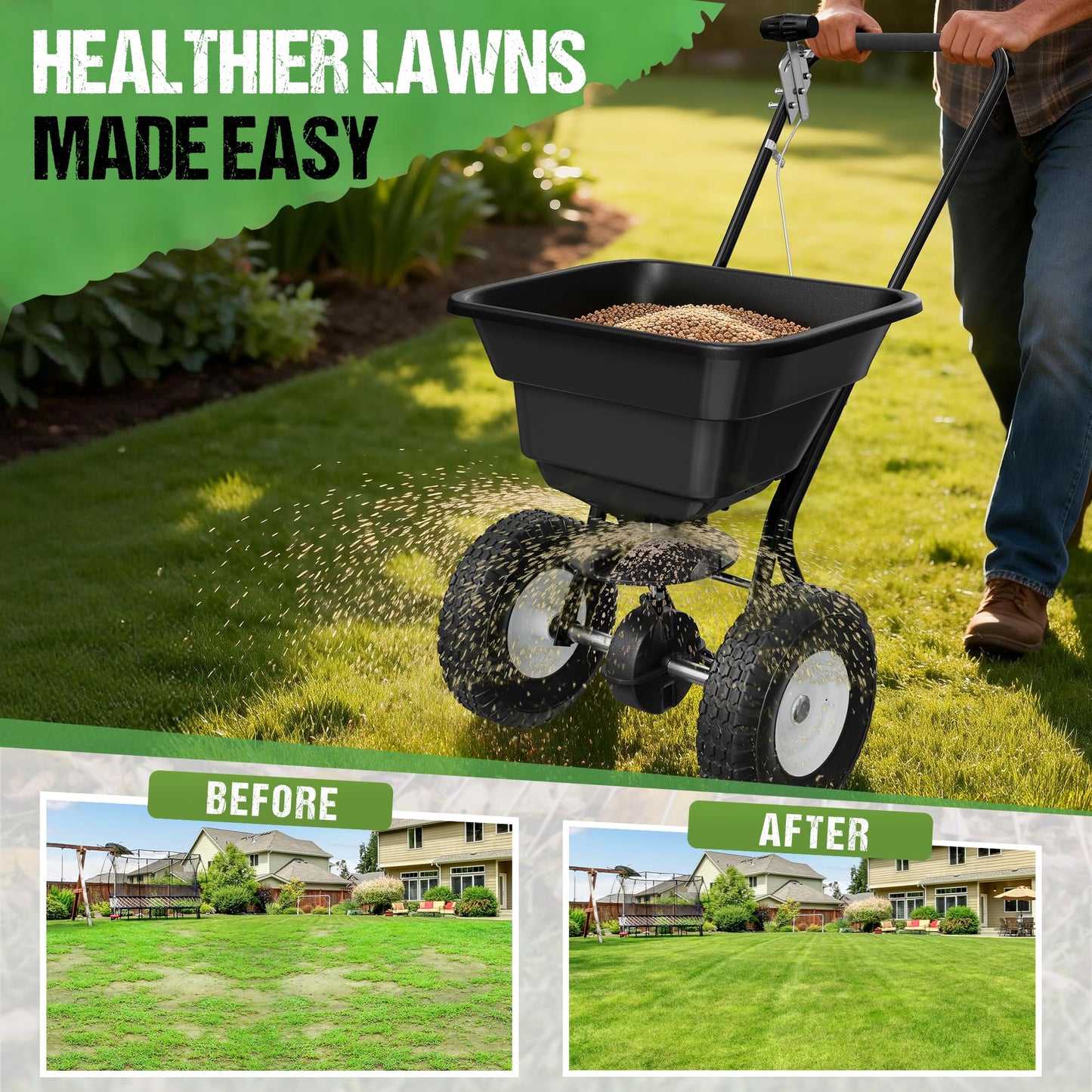 PPOLB Broadcast Spreader for Lawns, 80LB Fertilizer Spreader with 25-Level Flow Control, Walk Behind Lawn Seed & Salt Spreader, 0–10FT Coverage, Hopper Screen, Rain Cover, 12" Pneumatic Wheels