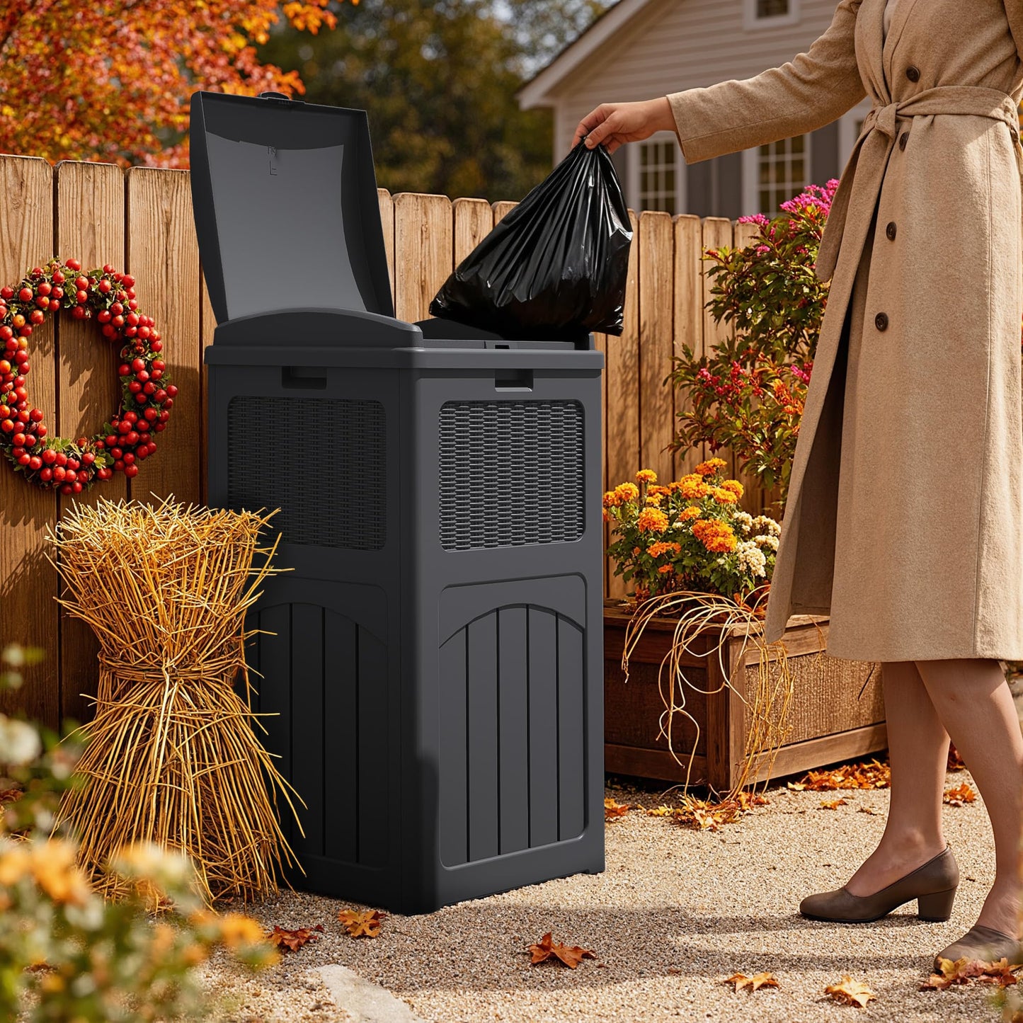YESHOMY 33 Gallon Resin Outdoor Trash Can with Lid, Hideaway Waterproof Patio Garbage Bin, Black