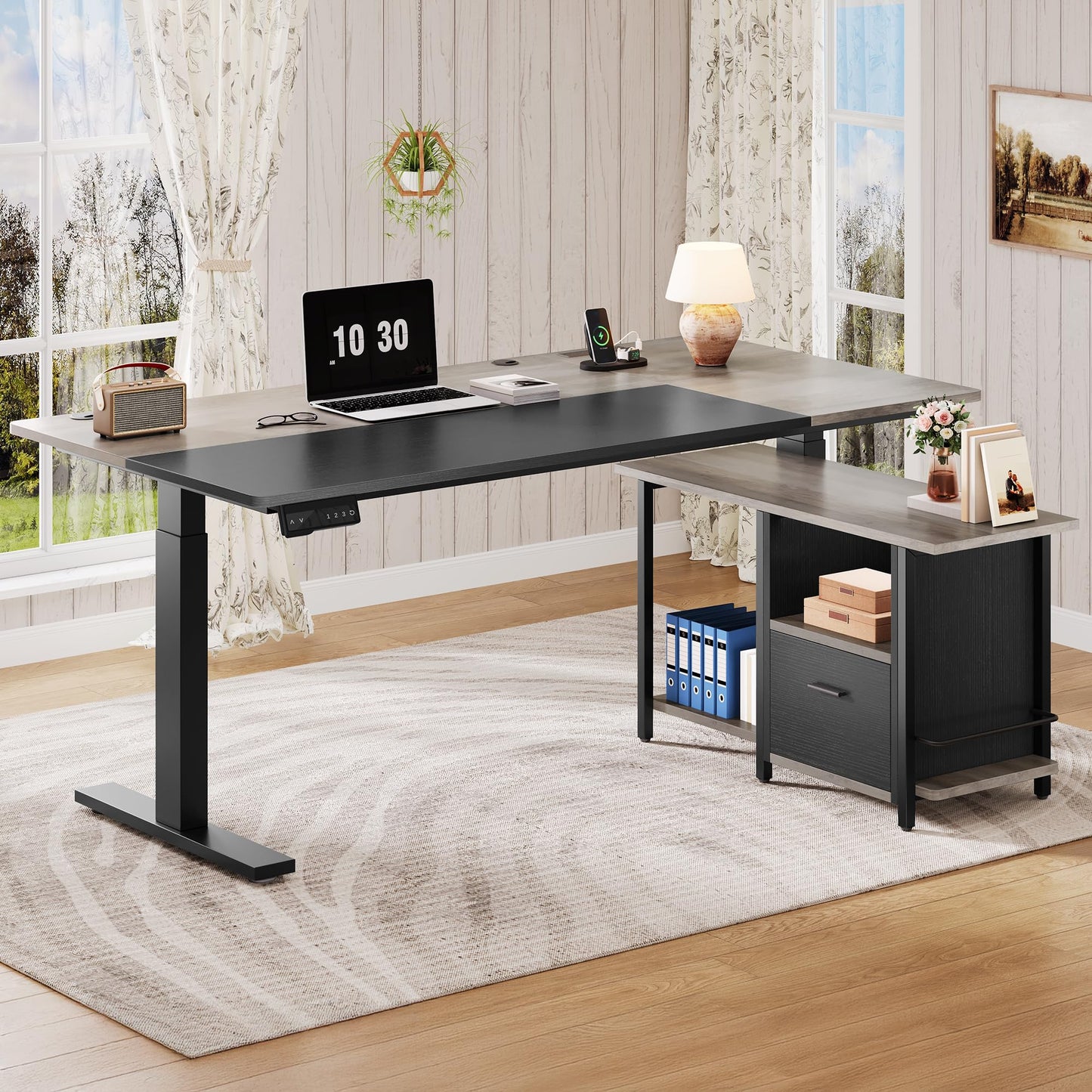 YITAHOME L Shaped Standing Desk with Power Outlets, 70.1" Electric Standing Desk Adjustable Height Sit Stand Corner Standing Desks Executive Desk with Drawers & Shelves, Grey + Black