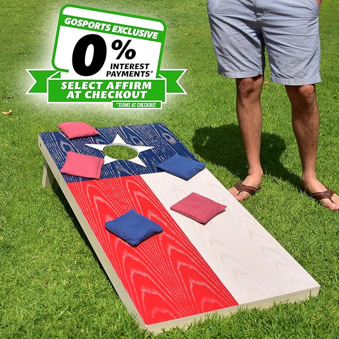 GoSports 4 x 2 ft Flag Series Wood Cornhole Sets – American Flag or State Flags – Includes 2 Regulation Size Boards, 8 Bean Bags, Carrying Case and Rules