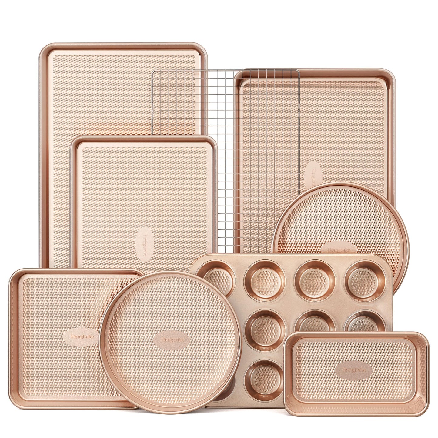 HONGBAKE 9-Piece Baking Pans Set Nonstick, Stackable Non Toxic Bakeware Sets with Diamond Texture, Oven Pan Set for Cooking, Includes Cookie Sheet with Rack, Cake Pan, Roasting Pan, Muffin Tin, Gold