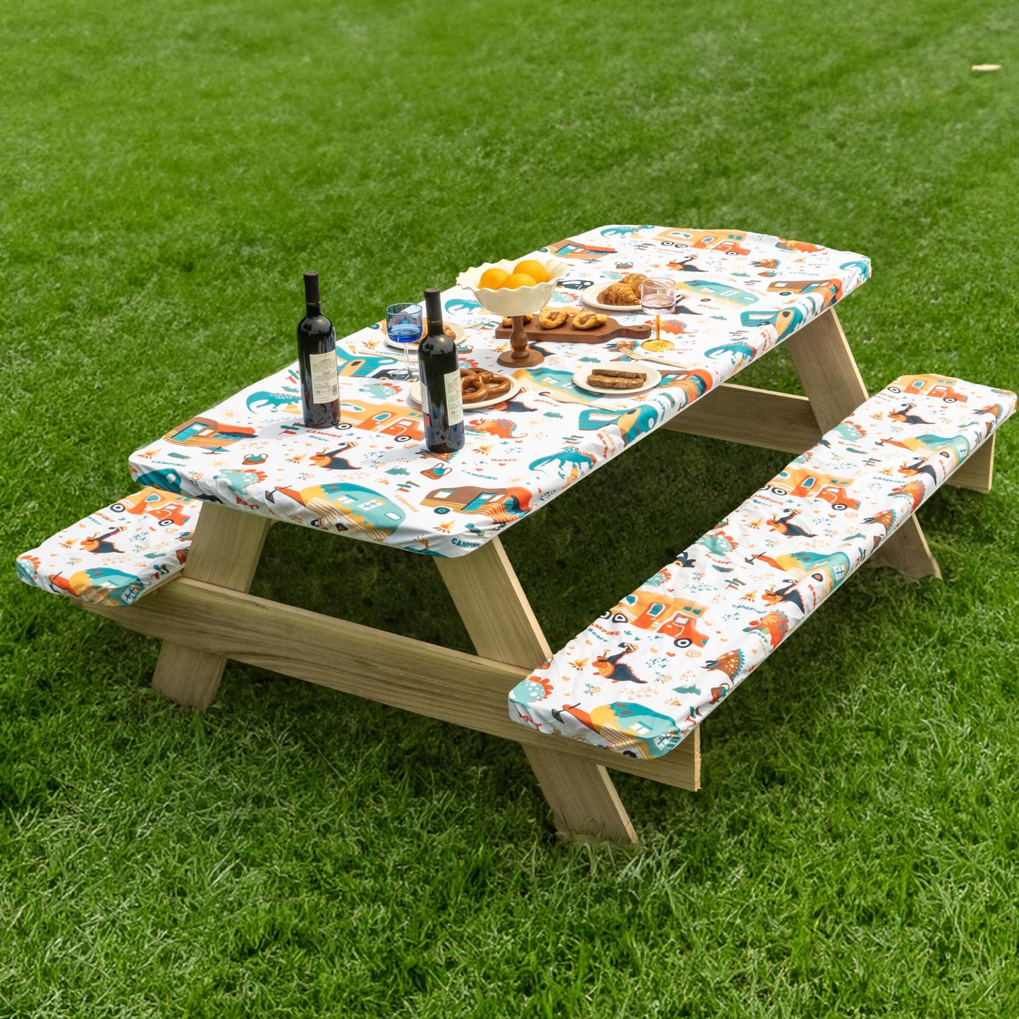 Jolly Camper 72 X 30 Inch Elastic Fitted Camping Table Cover with Bench Covers & Storage Bag, Picnic Tablecloth, Fits 6ft Picnic Tables, Polyester, Washable, Spill Resistant, Waterproof - Dino
