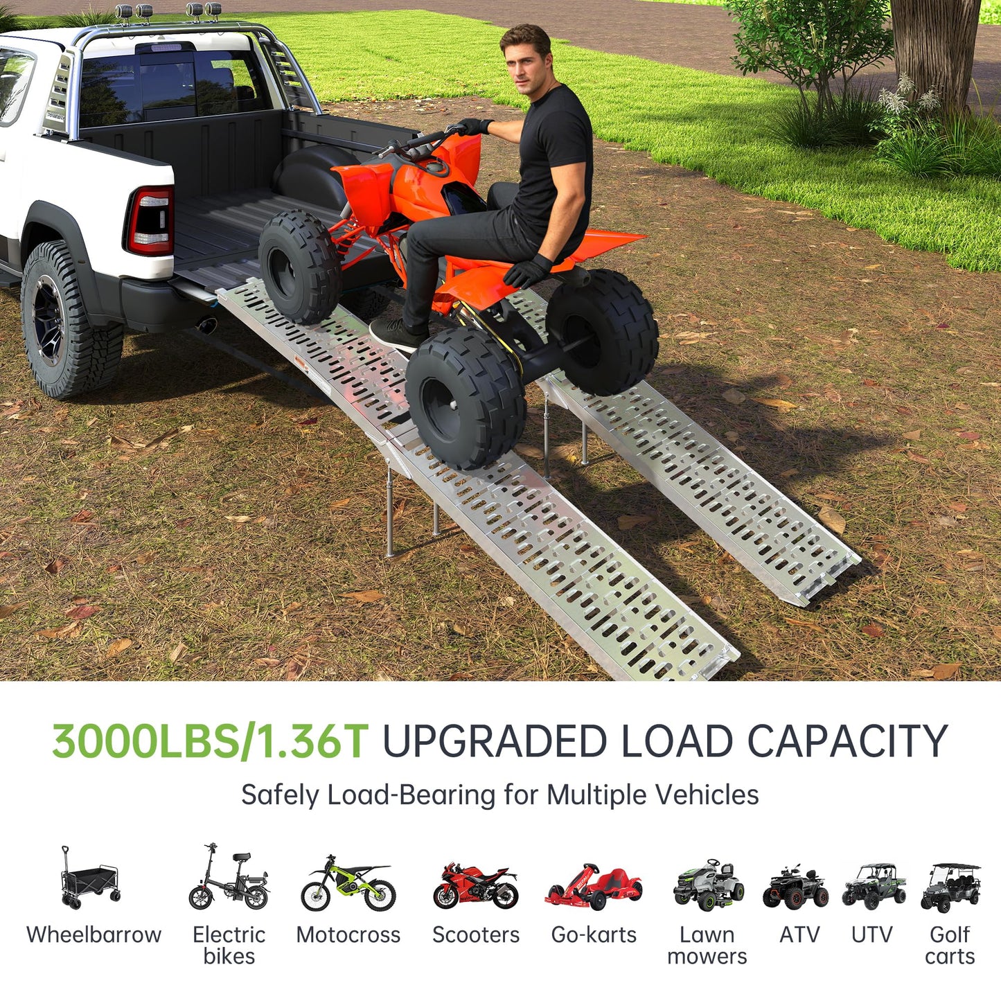 7.5 FT Aluminum Folding Loading Ramps, 3000lb Capacity Truck Ramps for ATV/UTV, Motorcycle, Lawn Mower, Golf Carts, Dirt Bike, with Adjustable Height Support Rods and Rubber Handles, 2PC Set