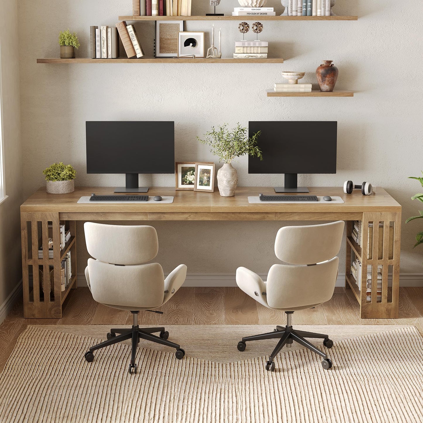 LITTLE TREE 78.7" Long Desk, 2 Person Desk with Shelves, Large Wooden Computer Desk, Heavy Duty Shelf Legs Design for Two Person Home Office, Business, Workstation, Natural (78.7" W x 23.6" D)