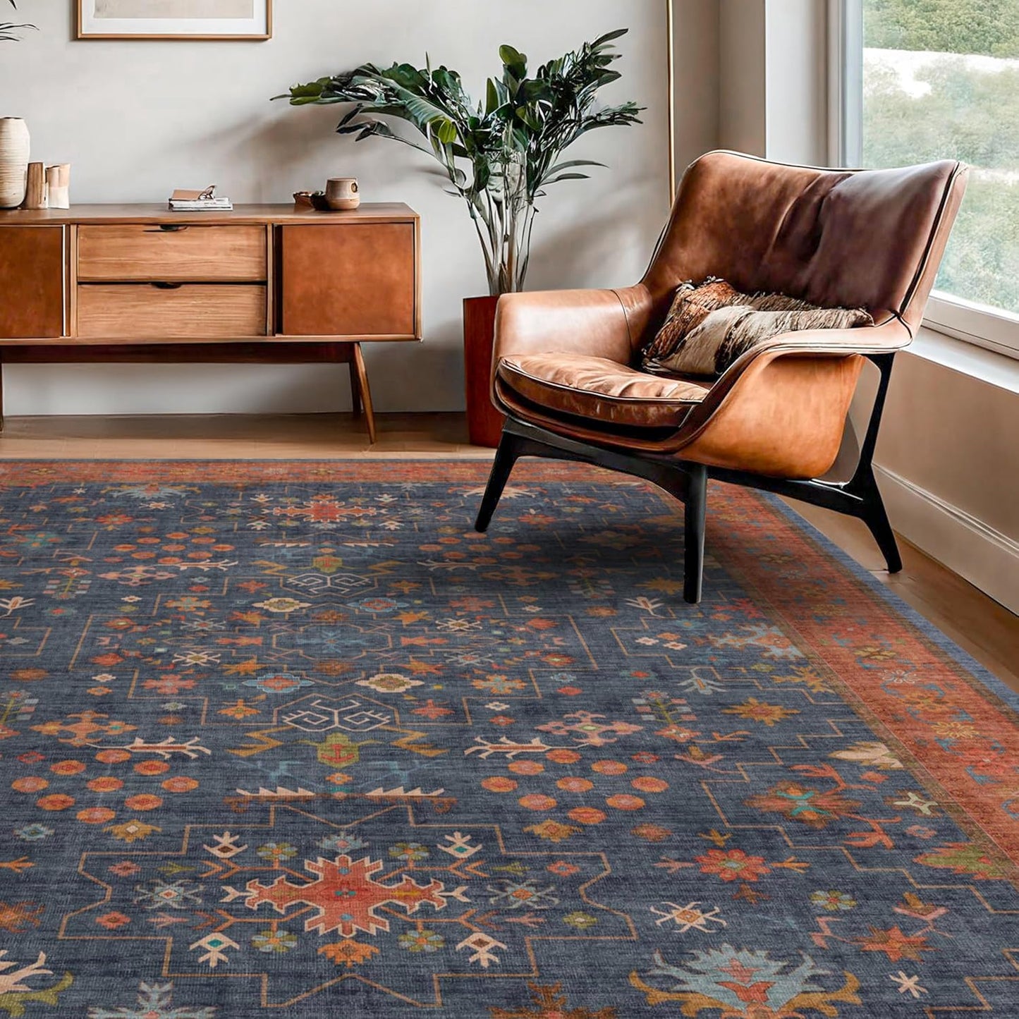 Skiennix Large 3x5 Kitchen Rug - Non-Slip, Machine Washable, Stain Resistant | Tribal Farmhouse Décor (Navy Blue)