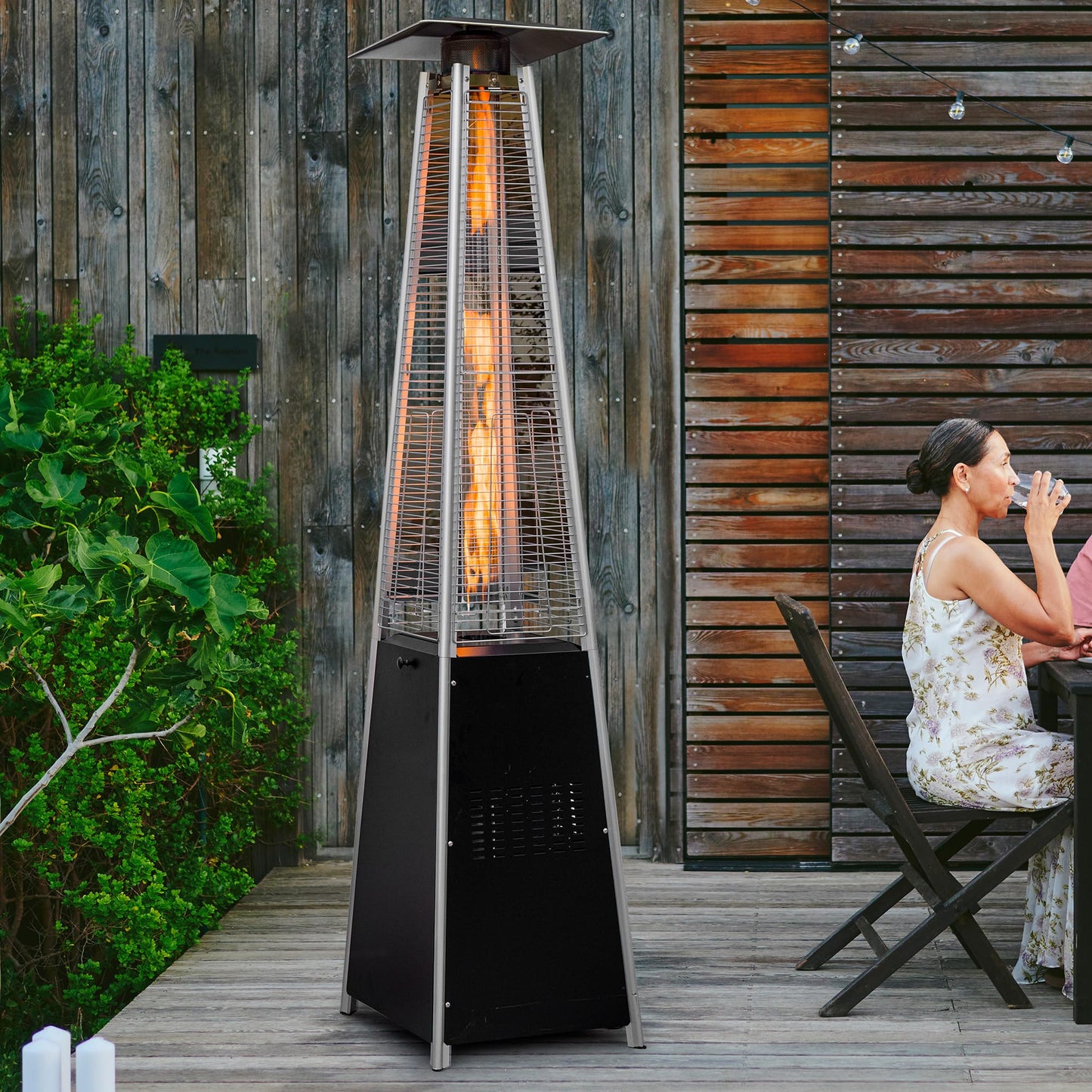 Pyramid Patio Heater,48,000 BTU Outdoor Propane Heater with Glass Tube, Propane Tall Tower Design with Wheels & One-Button Ignition for Backyard, Deck, and Commercial Use