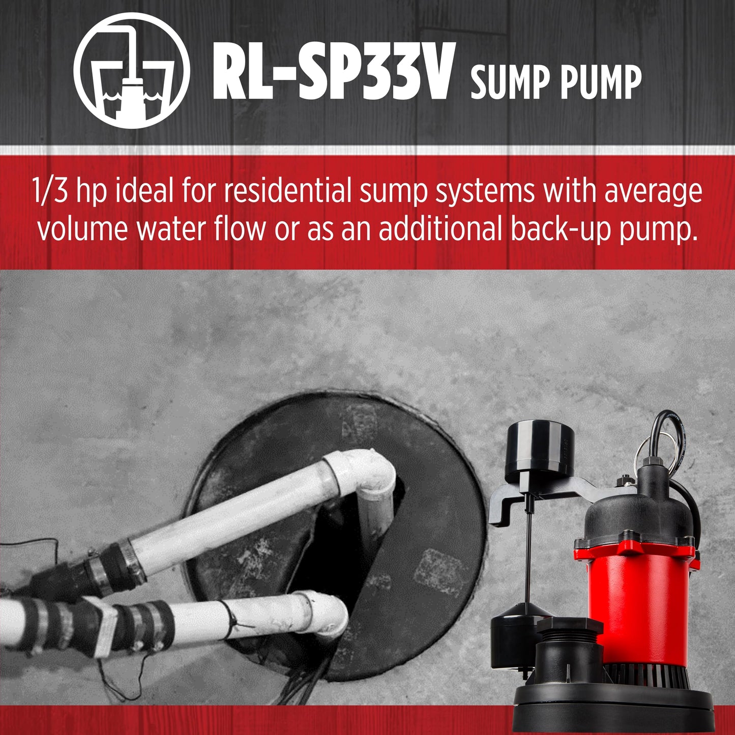 Red Lion RL-SP33V 115-Volt, 1/3 HP, 3200 GPH Aluminum and Thermoplastic Sump Pump with Vertical Switch and 8-Ft. Cord, Red, 14942741