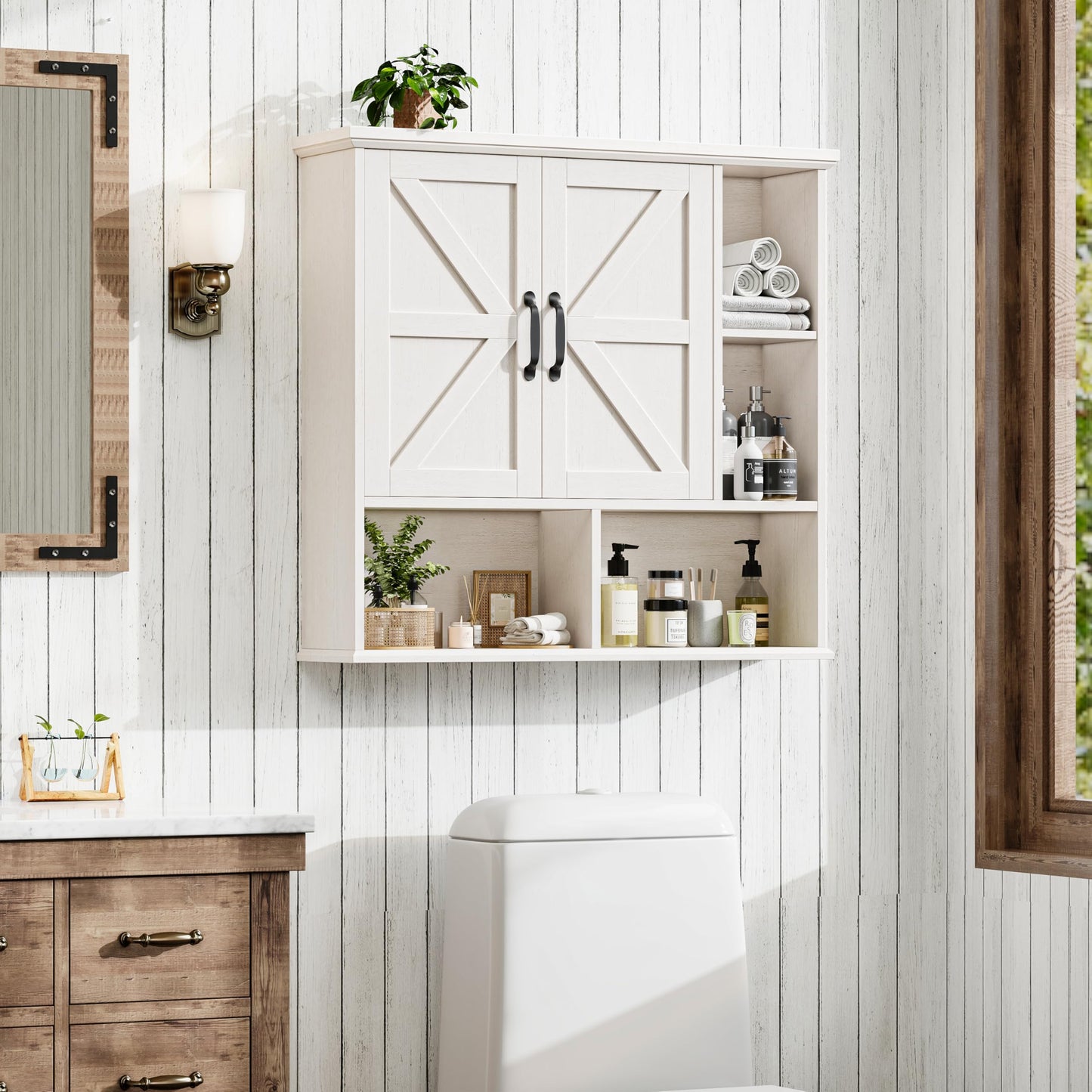 Vabches Bathroom Wall Cabinet, Farmhouse Medicine Cabinet with Double Barn Door and Adjustable Wood Shelf, Over The Toilet Storage Cabinet for Wall Mounted for Bathroom Laundry Room Kitchen (White)