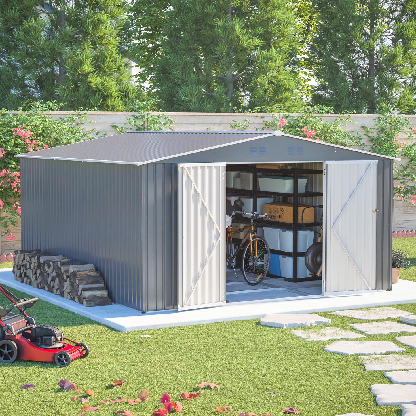 12'x14' Galvanized Steel Outdoor Storage Shed with Built-in Raised Metal Floor, Lockable Double French Hinged Doors & 4 Top Air Vents, Extra Large Garden Tool Shed, Gray