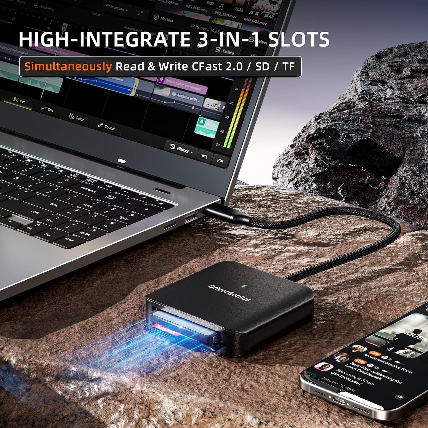 DriverGenius 3-in-1 3.2 Gen1 CFast2.0 microSD4.0 30cm (HB081, USB-C Card Reader with UHS-II SD, Slots - Nylon Braided