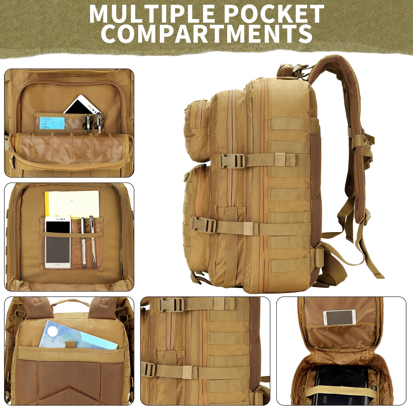 HongXingHai 45L Military Tactical Backpacks 3 Days Assault Pack Bag Fitness Rucksack 3 Day Bug Out Bag Hiking Treeking Molle Daypack (Khaki)