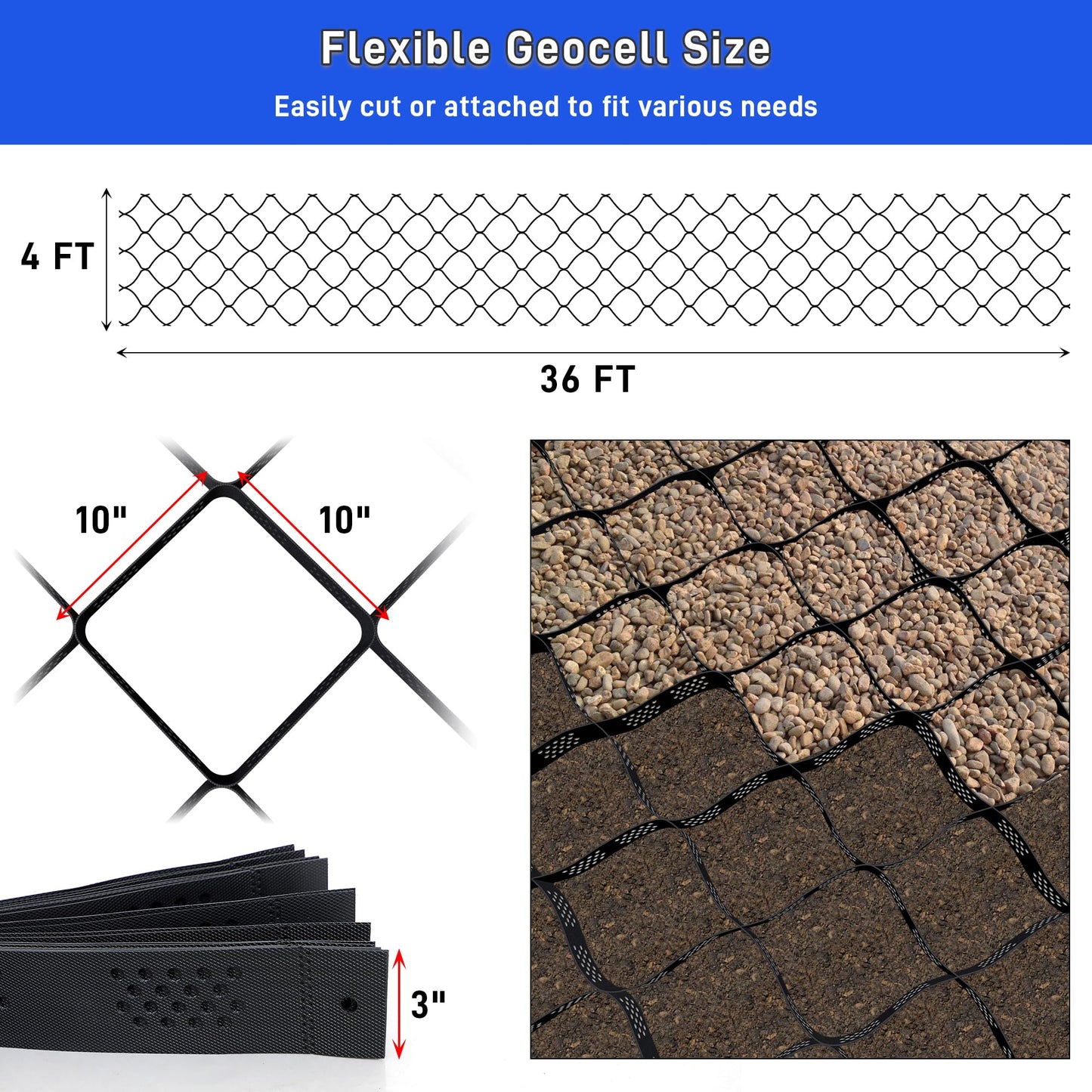 Gravel Grid 3" Thick Geo Ground Grid, 36x4 FT Geo Cell Gravel Retainer 1885 LBS Per Sq ft, Foldable Permeable Stabilization System with Connection Buckles for Driveway Walkway Landscaping and Slopes