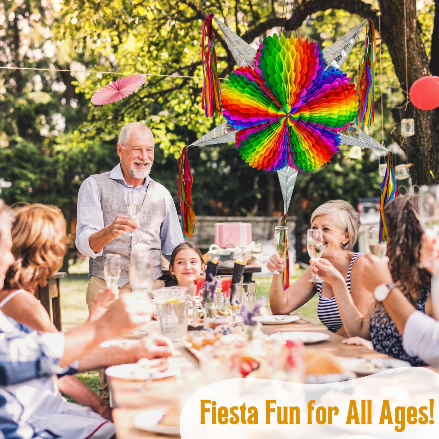 Mexican Pinata – Jumbo 33” Rainbow Piñata with 25-ft Rope Included – Easter Piñata, Pride Pinata, Holds 5 lbs of Candy – TexMex Fun Stuff