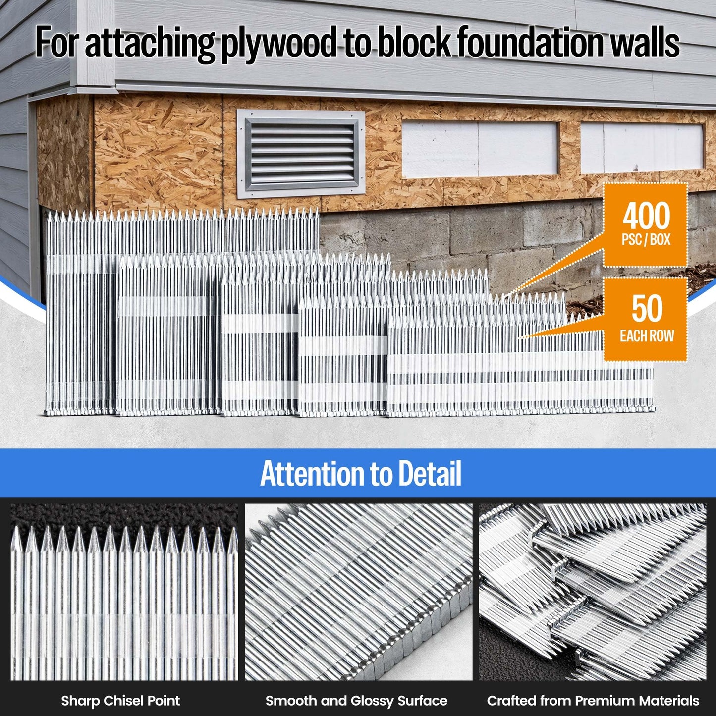 meite 14 Gauge Concrete Nails 1-3/4 Inch 8,000pcs Galvanized Hardened T-Nails for Electric or Pneumatic Nailer Gun - Wood-to-Concrete & Block & Steel, No-Bend (400PCS x 20 Boxes)