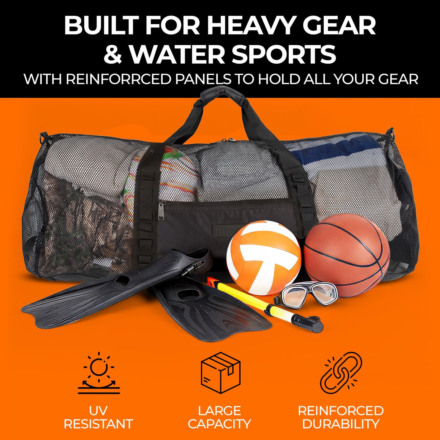 Fitdom 129L 35" Large Mesh Duffle Bag for Scuba Dive or Snorkel Equipment. Best for Water Sports & Beach Activities like Swimming, Diving & Snorkeling. Perfect for Travel, Storage, Gym Gears & Balls.