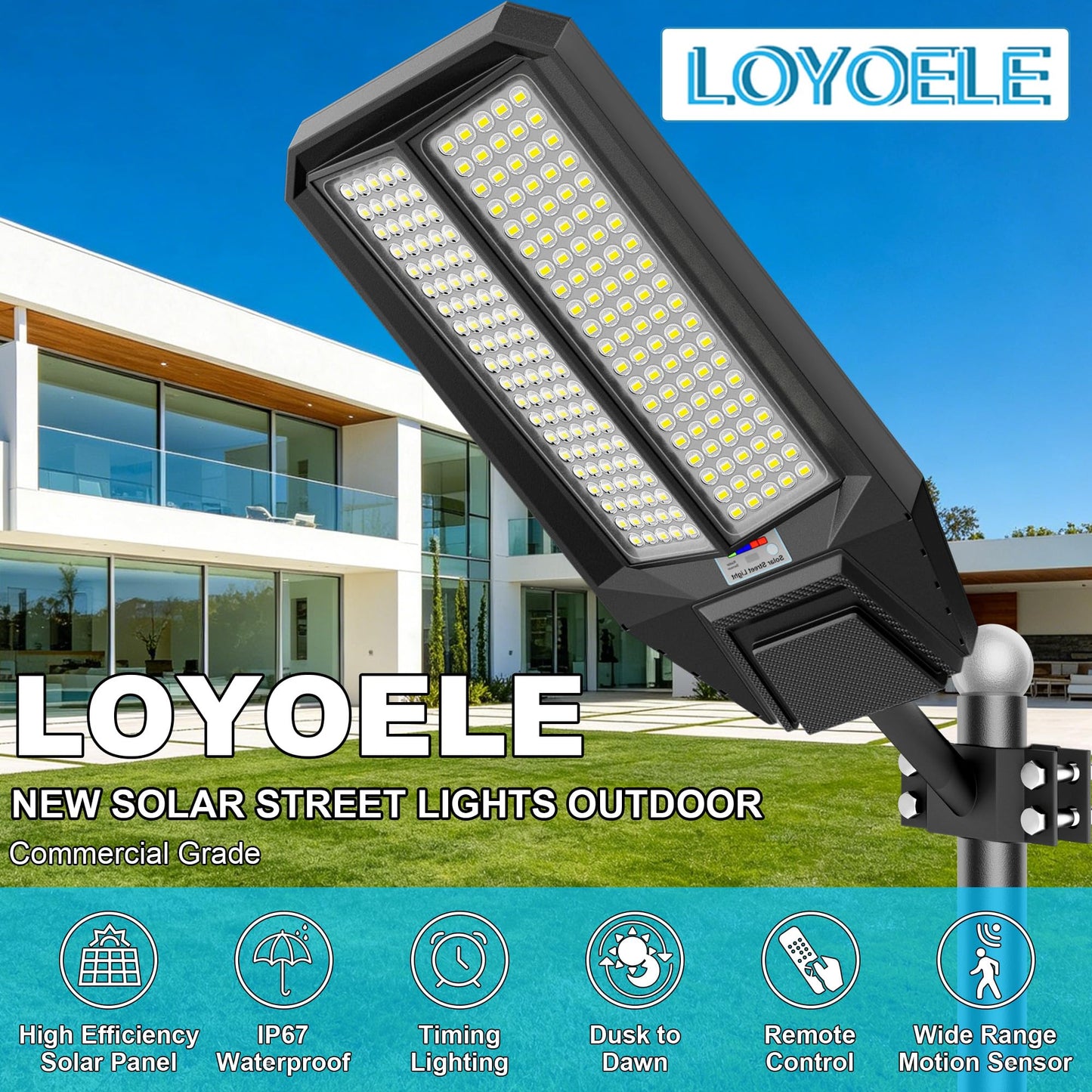 loyoele Ultra-Bright Solar Street Light with Motion Sensor, 11000W Commercial Outdoor Solar Security Light, IP67 Waterproof, Dusk-to-Dawn LED Flood Light for Yard, Parking Lot, Driveway, Barn, Garden