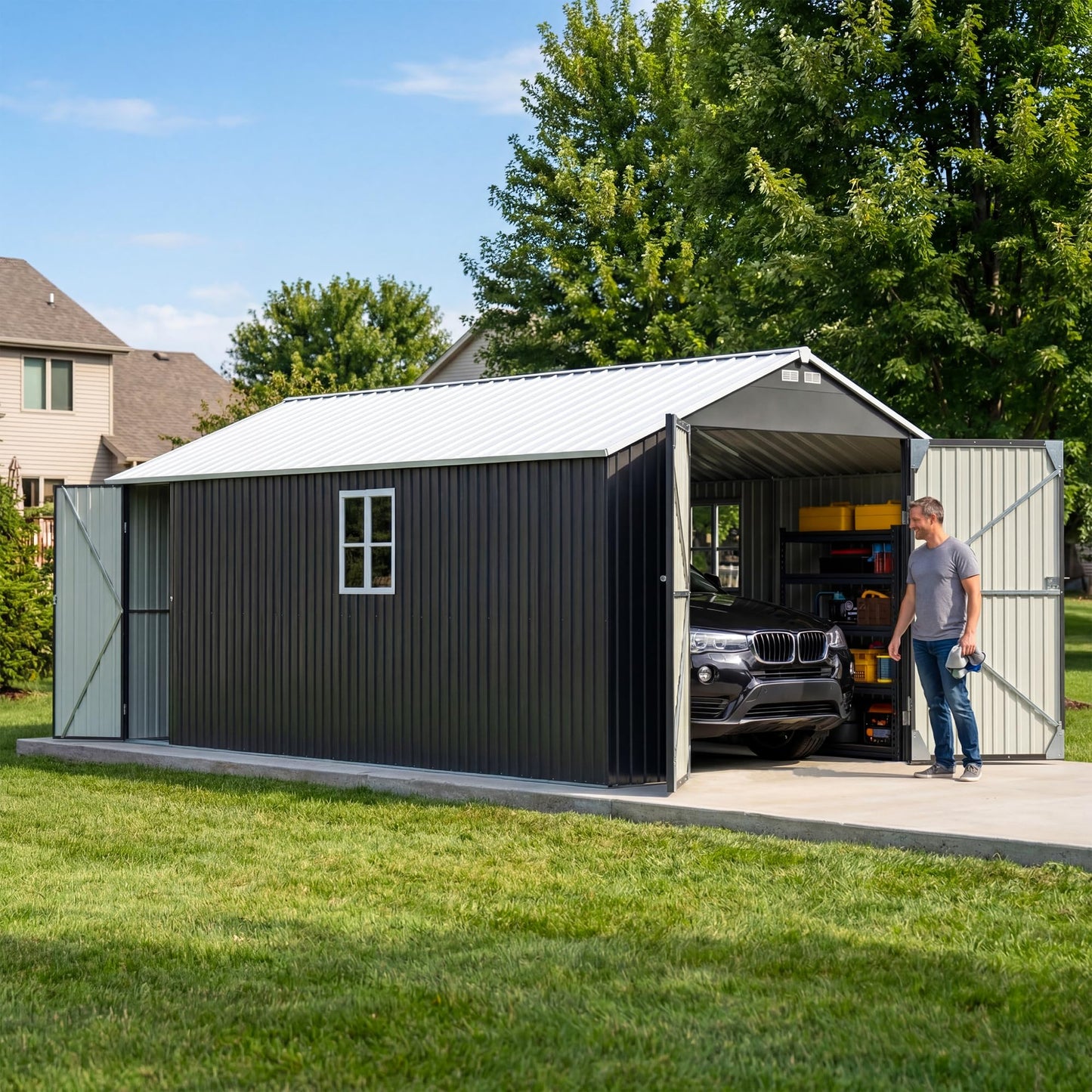 Patiowell 12x20 FT Outdoor Storage Shed, Large Metal Garden Shed with Lockable Doors & Windows, Waterproof Reinforced Tool Shed with Side Door & Air Vents for Cars Trucks Boats, Black