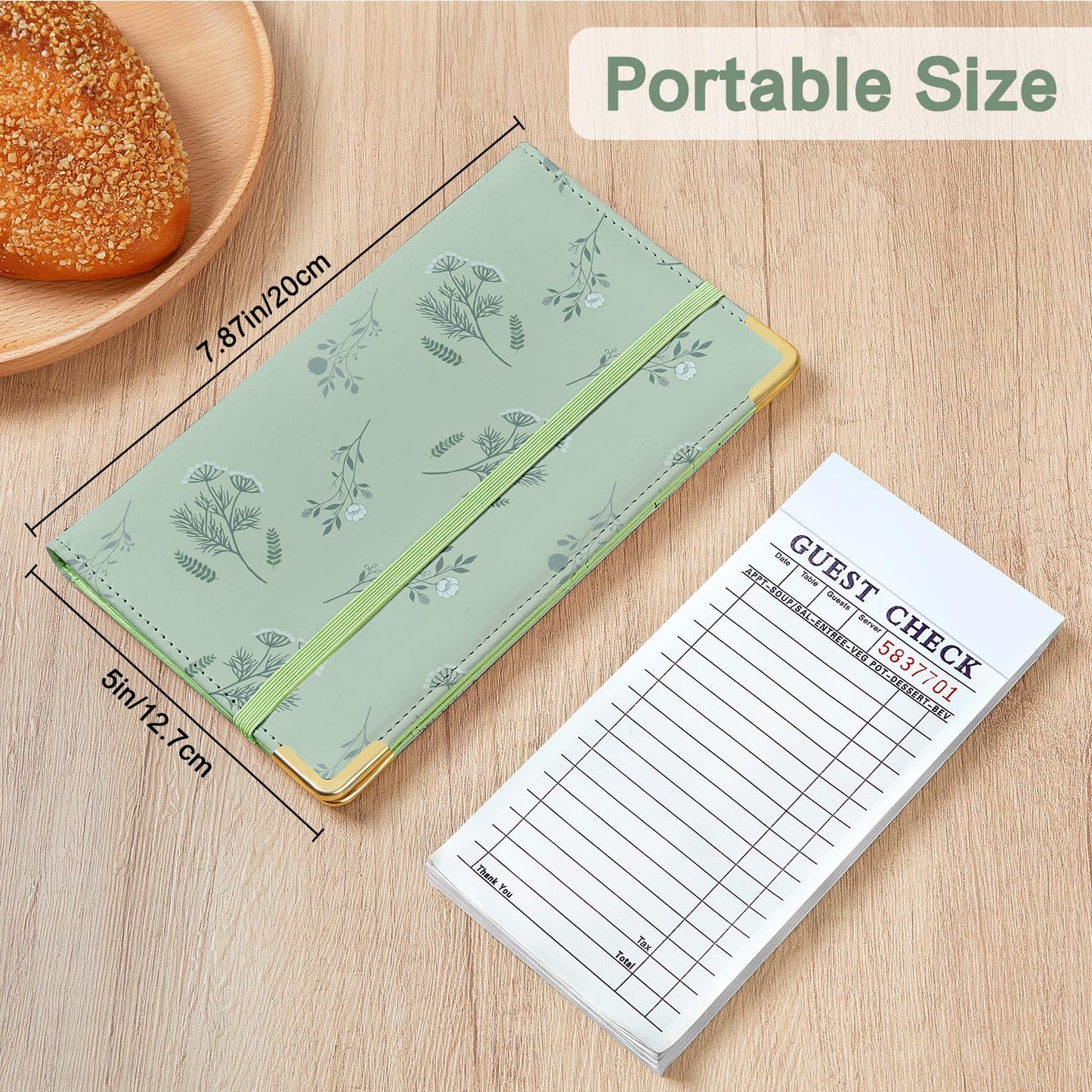 Server Book, Faux Leather Server Books for Waitress, Cute Servers Book with Zipper Pocket & Pen Holder, Serving Books Fits Servers Apron, Sage-Green