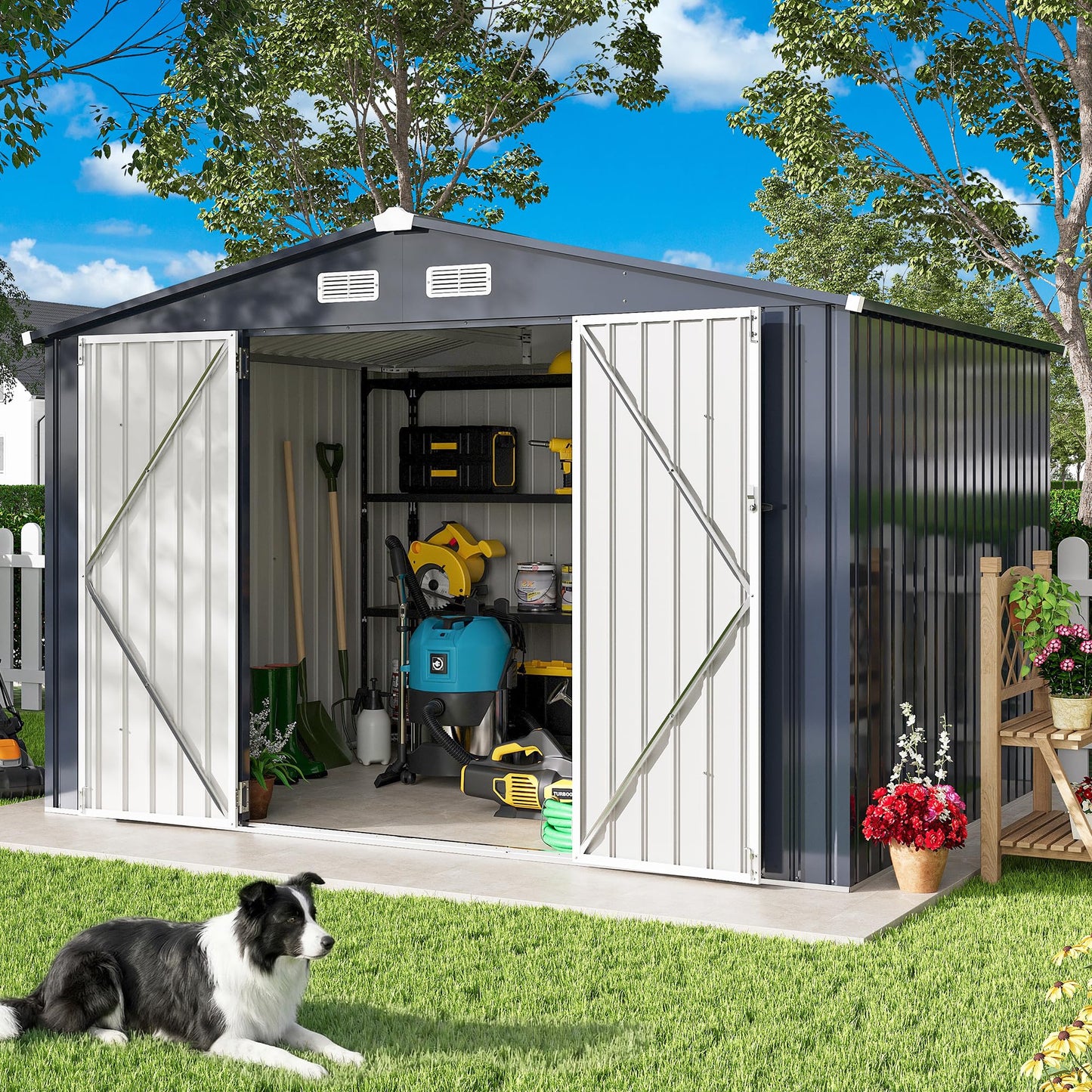IRONCK 10x8FT Storage Shed, Outdoor Tool Shed with Lockable Doors and Breathable Vent, Outside Metal Garden Storage for Poolside, Backyard, Patio, Dark Blue