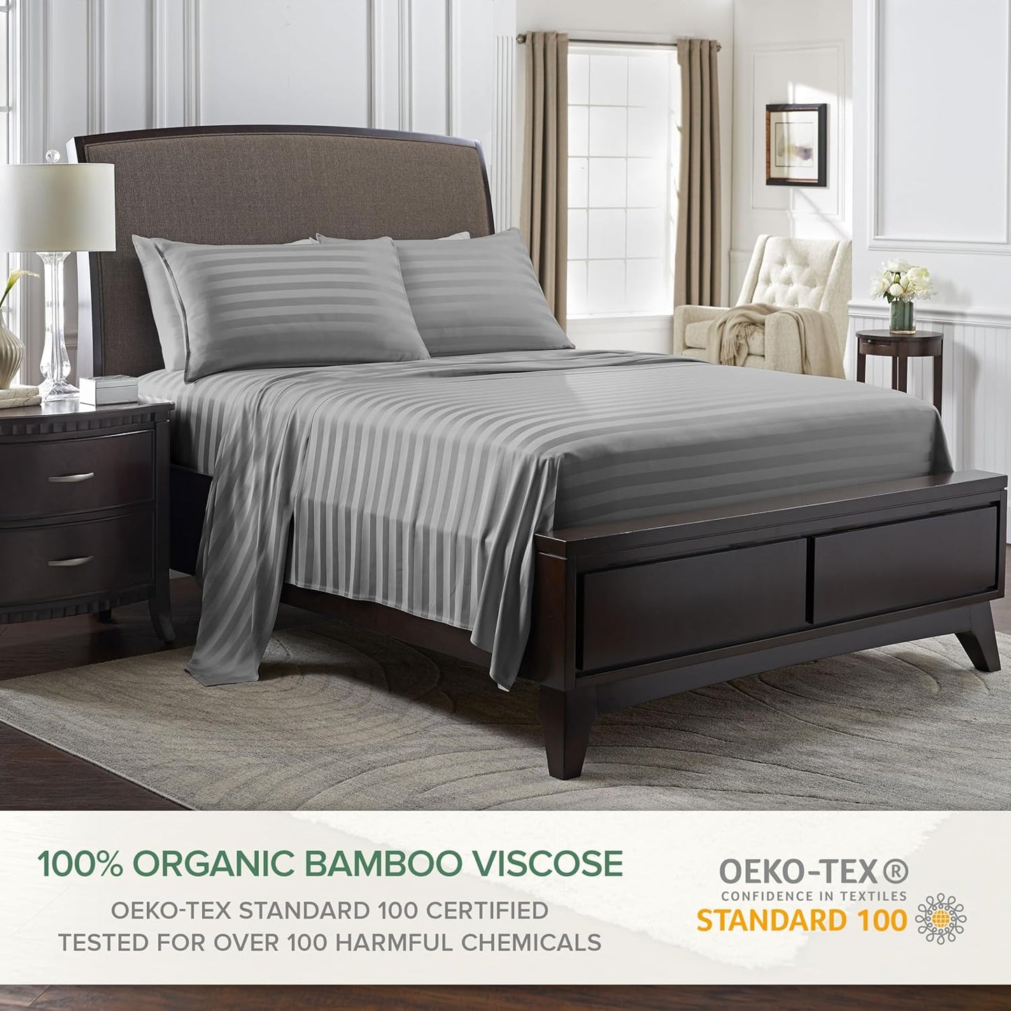 Pure Bamboo Full Bed Sheet Set - 100% Organic Viscose, Luxuriously Soft & Cooling | Jacquard Stone, Double Stitching